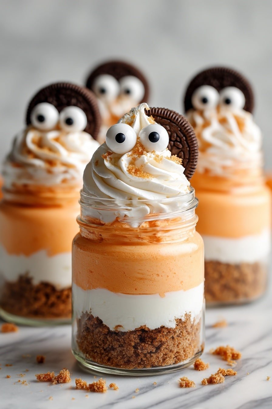 The image shows a small glass jar dessert with four clear layers from bottom to top: a crumbly light brown cookie base, a smooth white creamy layer, a thick orange pumpkin or sweet potato layer, and a topping of white whipped cream swirled with sprinkled crumbs. Two round candy eyes sit on the whipped cream, giving a playful look. The jar rests on a light beige linen cloth on a wooden surface, with a few orange berries and two whole light brown sandwich cookies nearby. The background is softly blurred with more jars of the same dessert. photo taken with an iphone --ar 2:3 --v 7 — Spooky Pumpkin Cheesecake Jars, pumpkin cheesecake dessert, fall dessert recipes, Halloween dessert ideas, cozy autumn treats