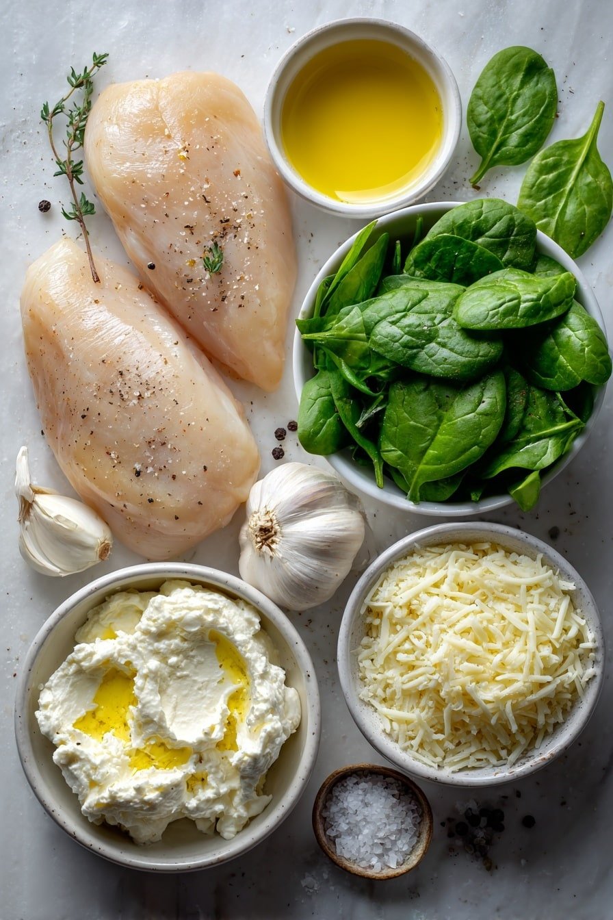 Flat lay of four raw boneless skinless chicken breasts, two small white ceramic bowls each with golden olive oil, two whole garlic cloves, a small white ceramic bowl filled with bright fresh green spinach leaves, a small white ceramic bowl of creamy white softened cream cheese, a small white ceramic bowl of finely grated pale parmesan cheese, a small white ceramic bowl of shredded white mozzarella cheese, small piles of coarse sea salt crystals, and a few whole black peppercorns, all arranged symmetrically on a clean white marble surface, soft natural light, photo taken with an iPhone, professional food photography style, fresh ingredients, white ceramic bowls, no bottles, no duplicates, no utensils, no packaging --ar 2:3 --v 7 --p m7354639359234015250 — Spinach Stuffed Chicken Breast, Stuffed Chicken Breast Recipes, Easy Chicken Dinner, Healthy Chicken Recipes, Cheesy Spinach Chicken