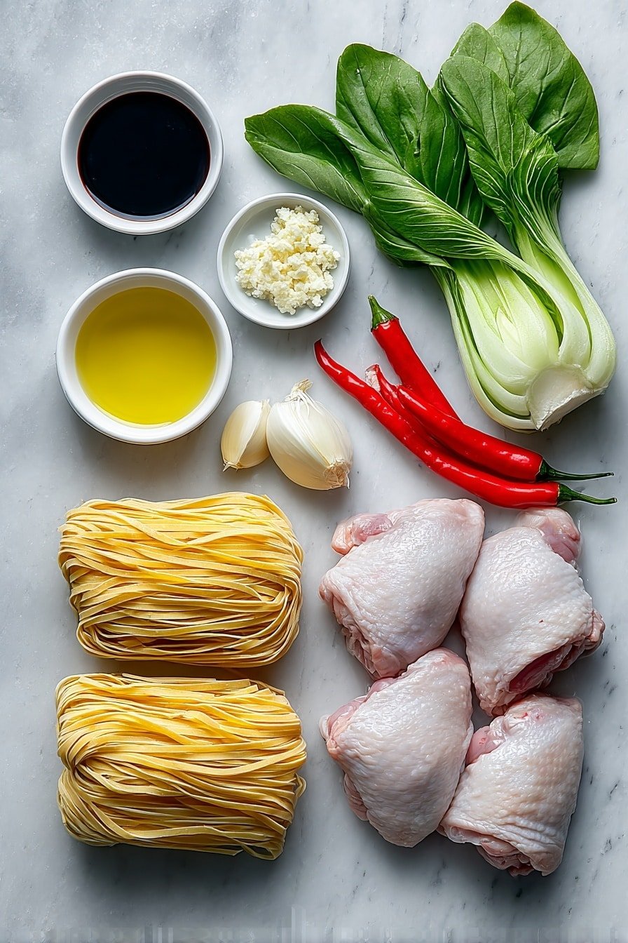 Flat lay of medium wide dried rice noodles arranged in a neat bundle, raw chicken thighs with smooth pink skin, a small white bowl of dark soy sauce, a small white bowl with clear golden vegetable oil, a small heap of minced fresh garlic, thinly sliced half a white onion, three whole vibrant red Thai chili peppers, four baby bok choy with bright green leaves and white stalks, and a small bunch of fresh holy basil leaves, all placed on a clean white marble surface, soft natural light, photo taken with an iPhone, professional food photography style, fresh ingredients, white ceramic bowls, no bottles, no duplicates, no utensils, no packaging --ar 2:3 --v 7 --p m7354639359234015250 — Easy Drunken Noodles, Thai drunken noodles recipe, flavorful stir-fry with basil, quick Asian noodle dish, homemade drunken noodles