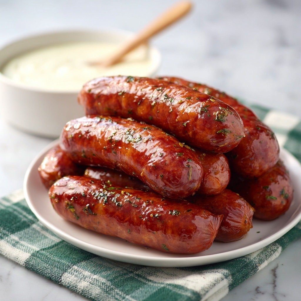 The image shows a close-up view of many small sausages covered in a shiny, sticky reddish-brown glaze. They are tightly packed together, and small bits of yellowish-green pickles are scattered on top of the sausages. The texture of the sausages looks smooth and glossy, with a slight graininess from spices inside. The background has a white marbled texture. photo taken with an iphone --ar 1:1 --v 7 — Honey Mustard Sausages, honey mustard sauce, easy sausage recipe, roasted sausage dinners, flavorful sausage glaze