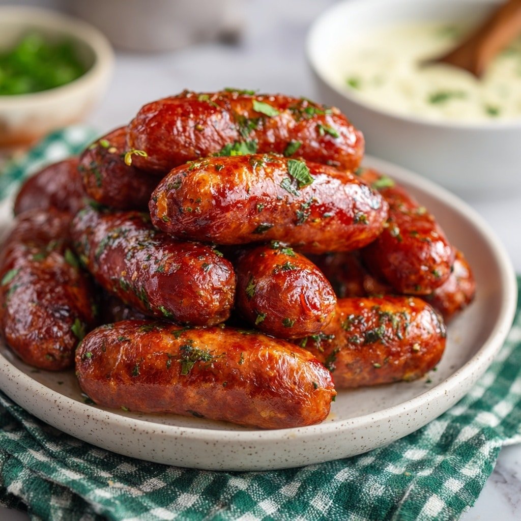 A white round plate holds a stack of shiny, reddish-brown sausages, about three layers high. Each sausage is glossy with a light coating of herbs and small bits, giving them a slightly textured look. The sausages are plump and appear juicy, with some small green seasoning flecks visible on the surface. In the blurred background, there is a white bowl filled with a creamy white sauce, and a light wooden spoon is resting inside the bowl. The plate is placed on a green and white checked cloth, and the setting is on a white marbled surface. photo taken with an iphone --ar 1:1 --v 7 — Honey Mustard Sausages, honey mustard sauce, easy sausage recipe, roasted sausage dinners, flavorful sausage glaze