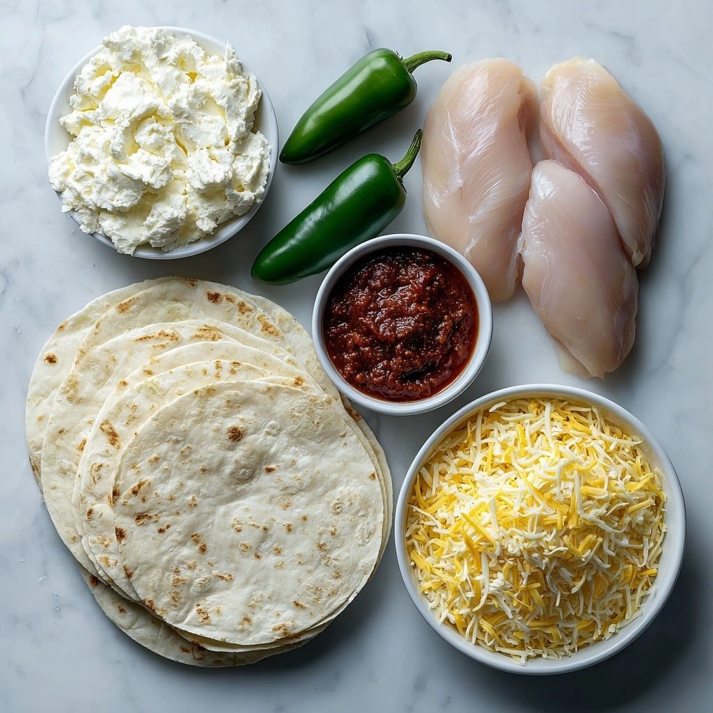 Flat lay of boneless, skinless raw chicken breasts, two fresh whole green jalapeños, a small white ceramic bowl of soft cream cheese, a small white ceramic bowl filled with shredded sharp cheddar cheese, six large stacked flour tortillas, a small white ceramic bowl of red enchilada sauce placed symmetrically around the center placed on a clean white marble surface, soft natural light, photo taken with an iPhone, professional food photography style, fresh ingredients, white ceramic bowls, no bottles, no duplicates, no utensils, no packaging --ar 1:1 --v 7 --p m7354639359234015250 — Jalapeño Chicken Enchiladas with Cheese, cheesy enchiladas with jalapeños, spicy chicken enchiladas, easy chicken enchiladas recipe, cheesy baked enchiladas