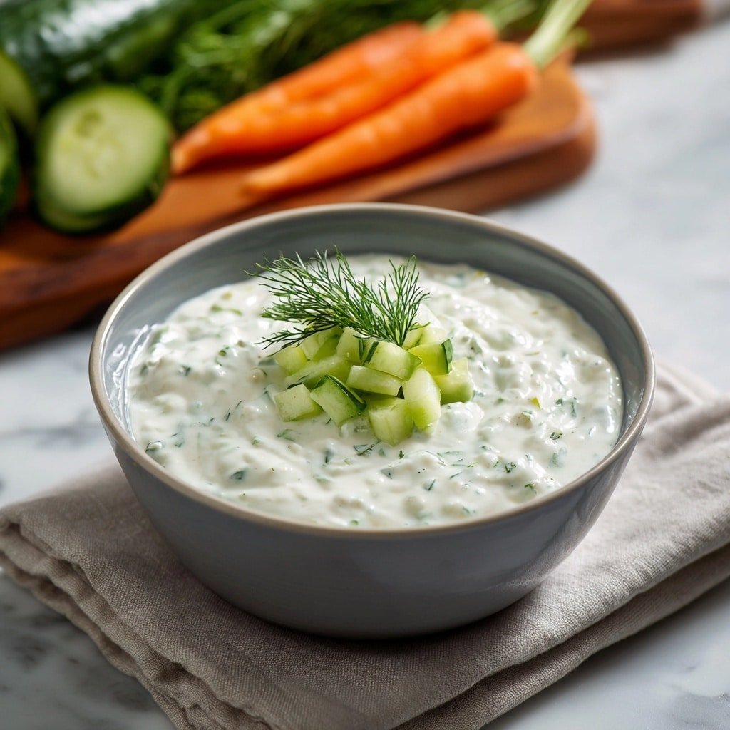 A small white ribbed ceramic bowl filled with a creamy white dip that has small green herb flecks evenly mixed in. The dip is swirled gently on top, with a light drizzle of orange oil and small chopped green herbs scattered in the center. The bowl sits on a plain brown round plate. Around the bowl, there are fresh green celery sticks on the left, bright orange carrot sticks behind, a white bowl with green broccoli florets to the right, and some sliced green cucumbers at the bottom right. The whole scene rests on a white marbled surface. photo taken with an iphone --ar 1:1 --v 7 — Creamy Ranch Dip, ranch dip recipe, easy ranch dip, homemade ranch dip, party dip