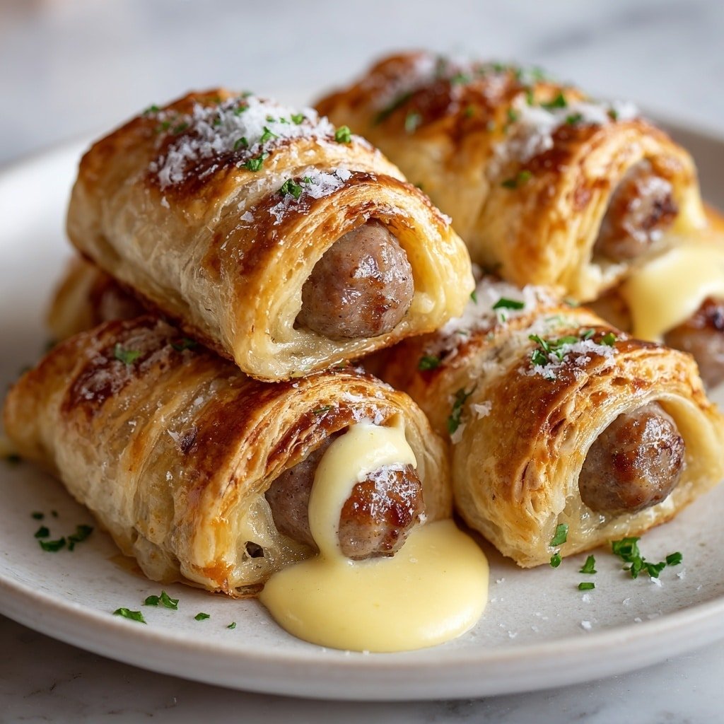 The image shows a close-up of a sausage roll on a white plate with a white marbled texture background. The sausage is brown and shiny, wrapped in a soft, golden-brown layered dough that is slightly flaky on the edges. Melted yellow cheese oozes out from one side of the roll, dripping down onto the plate. Small crumbs are sprinkled on top of the dough and scattered around the plate, adding texture and detail to the presentation. Other similar sausage rolls are blurred in the background. Photo taken with an iphone --ar 1:1 --v 7 — Cheese-filled Pigs in a Blanket, savory appetizer recipes, easy finger foods, crowd-pleasing party snacks, cheesy sausage bites