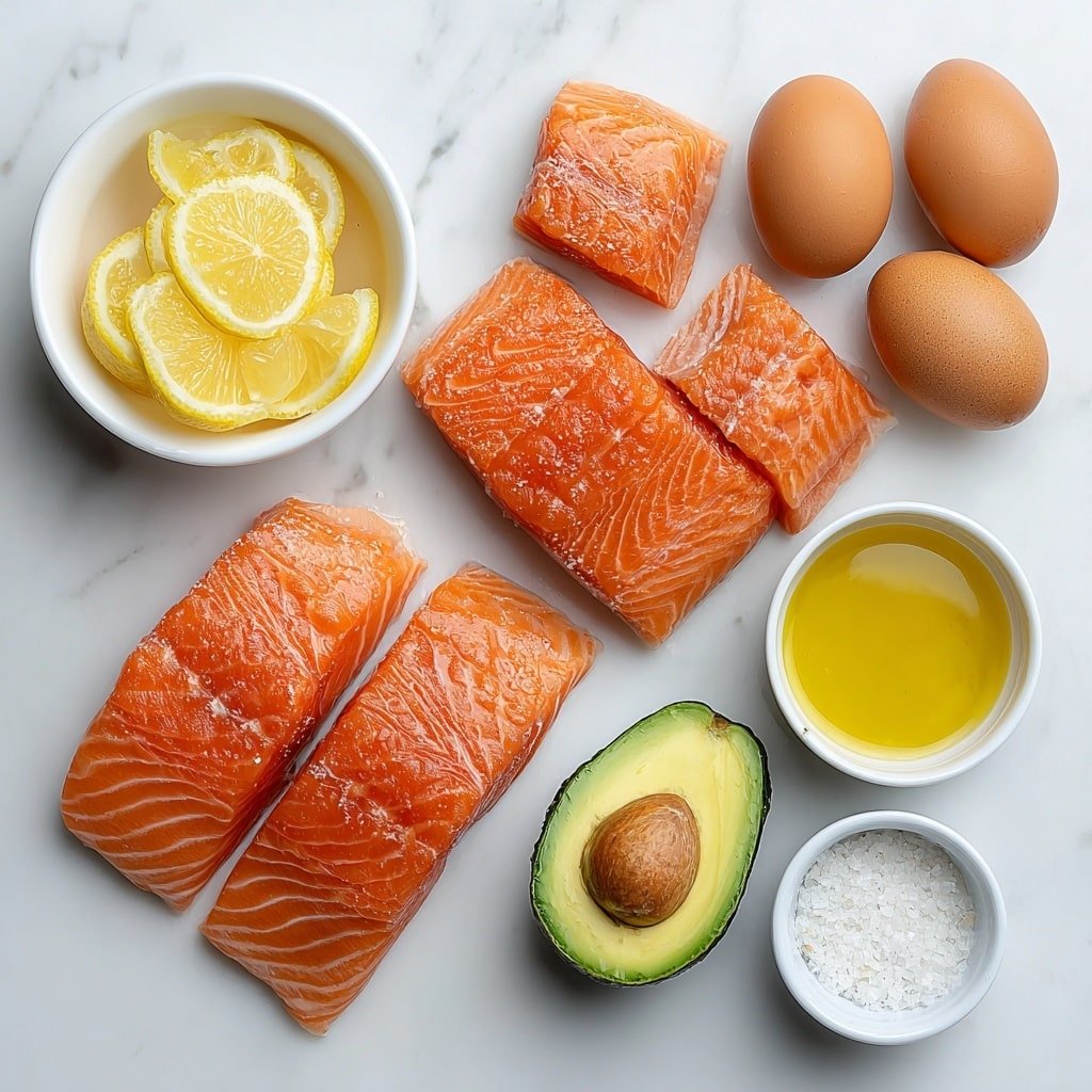 Flat lay of four fresh salmon fillets with bright orange flesh and glossy skin, two ripe avocados halved showing creamy green interiors with large brown pits, a small white bowl of freshly squeezed lemon juice, a small white bowl of extra virgin olive oil with golden color, a small white bowl containing fine white garlic powder, a few grains of coarse salt, and whole uncracked brown eggs arranged in perfect symmetry, all placed on simple white ceramic bowls and plates, placed on a clean white marble surface, soft natural light, photo taken with an iPhone, professional food photography style, fresh ingredients, white ceramic bowls, no bottles, no duplicates, no utensils, no packaging --ar 1:1 --v 7 --p m7354639359234015250 — Baked Salmon with Avocado Mash, healthy baked salmon dish, easy salmon recipes, avocado side dish, flavorful salmon dinner