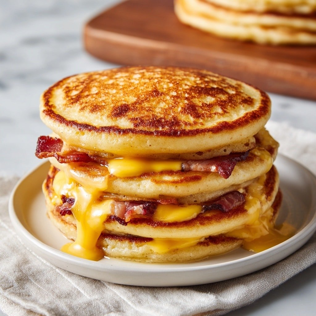 A stack of three thick, golden-brown pancakes sits on a white plate, each pancake showing a slightly crispy edge and soft, fluffy inside. Between the first and second pancake layers, there is a layer of melted yellow cheese and crispy brown bacon strips, and the same layering repeats between the second and third pancakes, with cheese slightly dripping down the sides. The plate rests on a white marbled surface with a light-colored cloth nearby, and in the blurred background, more pancakes are stacked on a wooden board. photo taken with an iphone --ar 1:1 --v 7 — Homemade McGriddle with Sausage, homemade breakfast sandwich, how to make McGriddle at home, fluffy sausage pancakes, sweet and savory breakfast