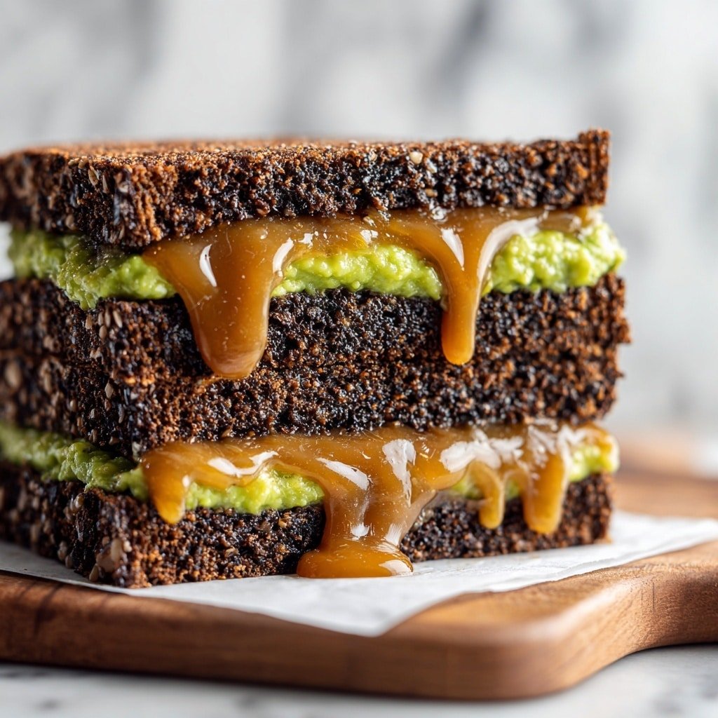 A sandwich with two thick, dark brown slices of bread that have a porous texture, making them look soft and airy. Between the slices, there are two layers of filling: the bottom layer is a bright green spread with a slightly chunky, smooth texture, and the layer above is a shiny, orange filling that looks sticky and thick, with some of it dripping down the side. The sandwich sits on a piece of crumpled beige paper, placed on a white plate. The background is a white marbled texture. photo taken with an iphone --ar 1:1 --v 7 — Black Lime Cocoa Bread, Black Lime Baking, Chocolate Lime Loaf, Cocoa and Lime Bread, Unique Citrus Bread