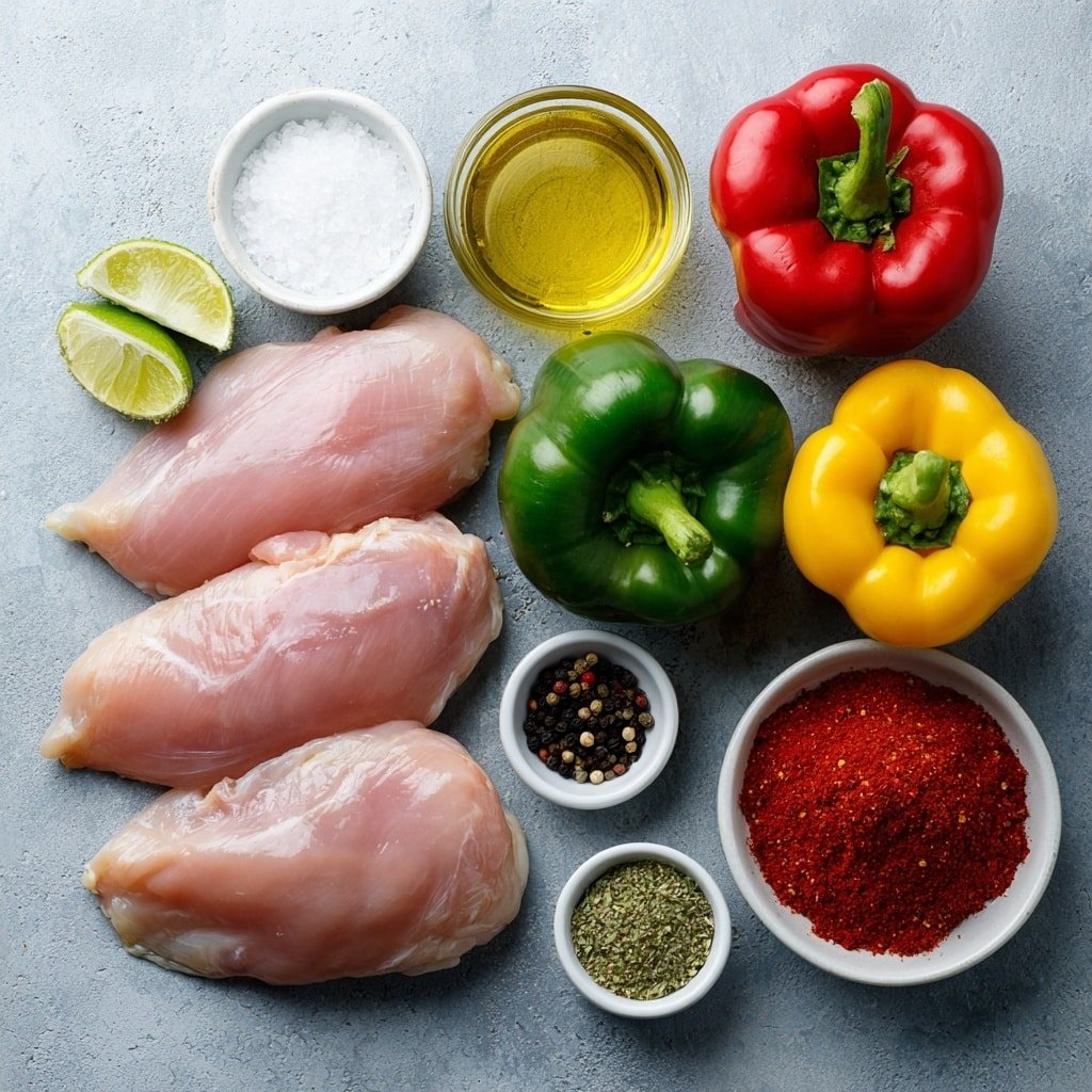 Flat lay of four raw boneless, skinless chicken breasts, one whole red bell pepper, one whole green bell pepper, one large whole yellow onion, a small white bowl of golden olive oil, a small white bowl of ground cumin, a small white bowl of chili powder, a small white bowl of garlic powder, a small white bowl of coarse salt, a small white bowl of black peppercorns, one fresh whole lime placed next to a small white bowl containing freshly squeezed lime juice, all arranged in perfect symmetry on simple white ceramic dishes and plates, placed on a clean white marble surface, soft natural light, photo taken with an iPhone, professional food photography style, fresh ingredients, white ceramic bowls, no bottles, no duplicates, no utensils, no packaging --ar 1:1 --v 7 --p m7354639359234015250 — Sheet Pan Chicken Fajitas, easy chicken fajitas, sheet pan dinner, spicy fajita peppers and onions, quick weeknight chicken recipes