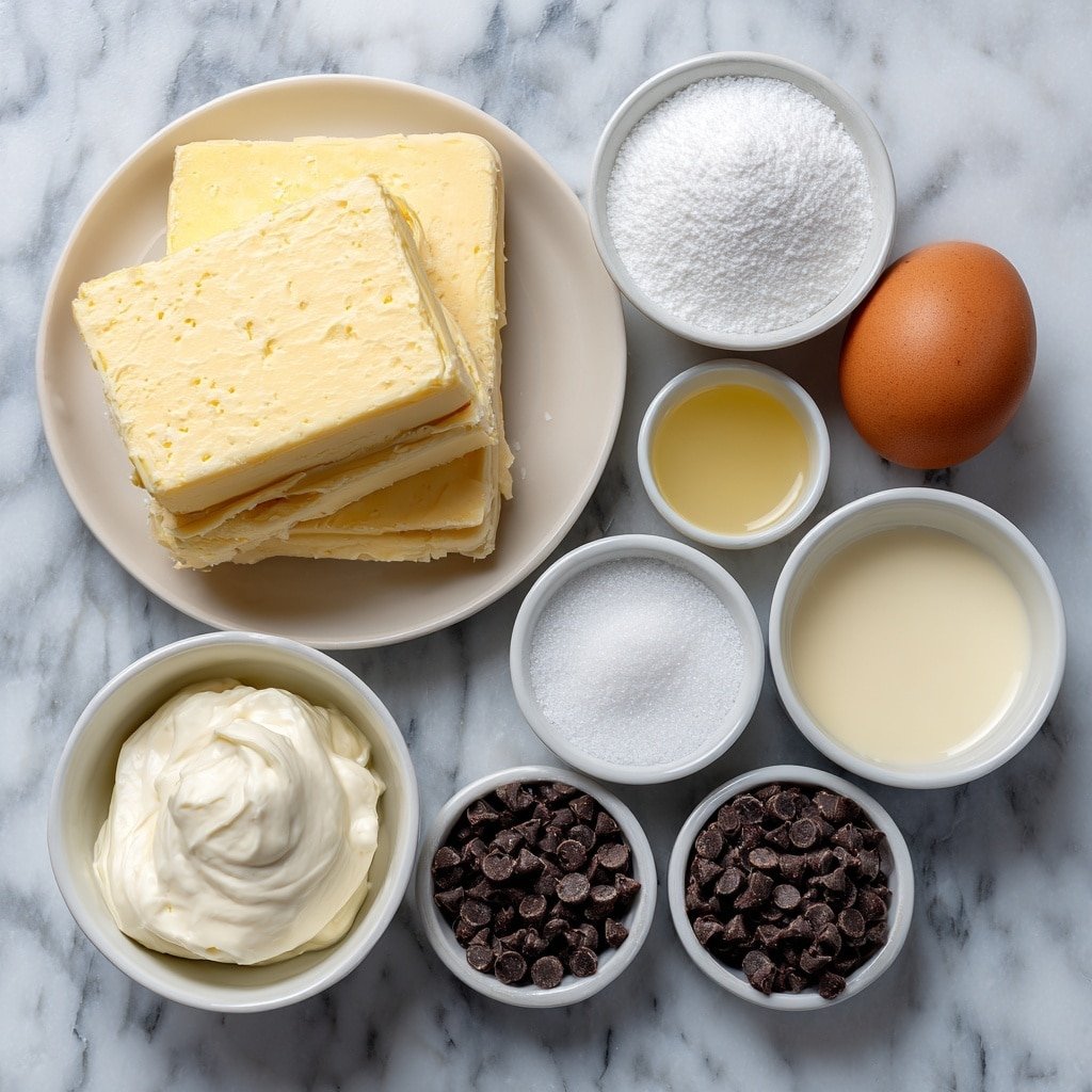 Flat lay of two frozen puff pastry sheets, a block of cream cheese at room temperature, a small white bowl filled with white granulated sugar, a small white bowl with pale yellow pure vanilla extract, one large whole brown egg with clean shell, a small white bowl of water, a small white bowl of semi-sweet chocolate chips, a small white bowl of heavy cream, all arranged symmetrically and balanced on a clean white marble surface, soft natural light, photo taken with an iPhone, professional food photography style, fresh ingredients, white ceramic bowls, no bottles, no duplicates, no utensils, no packaging --ar 1:1 --v 7 --p m7354639359234015250 — Chocolate Cream Cheese Danish, chocolate Danish pastry, easy breakfast pastry, flaky Danish recipe, cream cheese pastry