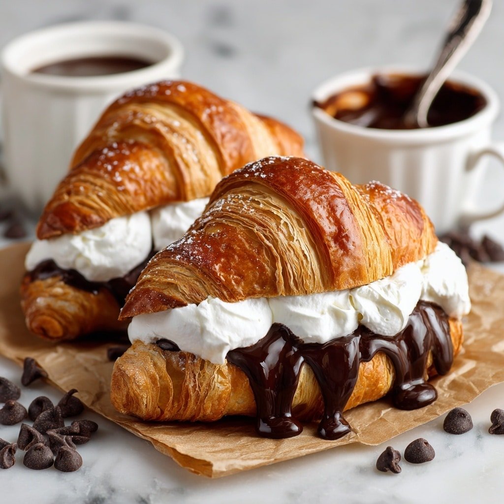 The image shows two golden brown croissants with many crisp layers, each filled with a smooth, white whipped cream layer inside. On top of the cream, thick dark chocolate sauce drips down the front, glossy and rich. The croissants sit on brown parchment paper scattered with dark chocolate chips. In the background, there is a white cup filled with more melted chocolate and a spoon inside. The whole scene is set on a white marbled surface. photo taken with an iphone --ar 1:1 --v 7 — Chocolate Cream Cheese Danish, chocolate Danish pastry, easy breakfast pastry, flaky Danish recipe, cream cheese pastry
