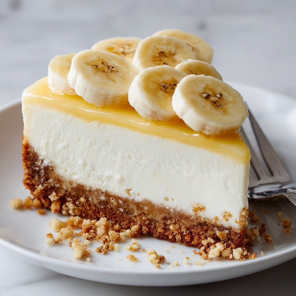 A slice of creamy cheesecake with three visible layers sits on a white plate with a thin brown rim, placed on a white marbled surface; the bottom crust layer is dense and brown, the middle layer is thick and smooth pale cream, topped with glossy banana slices and crunchy golden brown crumbs scattered over the top and plate. In the background, blurred ripe bananas add context. photo taken with an iphone --ar 1:1 --v 7 — Banana Cream Cheesecake, easy banana cheesecake recipe, homemade banana dessert, comforting banana cheesecake, best banana cheesecake