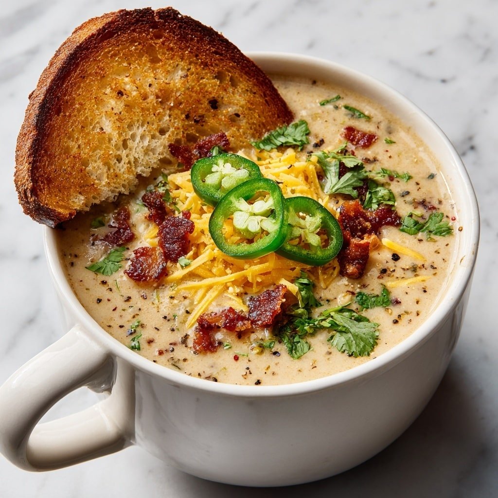 A bowl filled with creamy soup that has a light beige color mixed with small green herb bits and pieces of shredded chicken throughout. On top, there is a layer of bright orange shredded cheese spread in the center, scattered with small crispy red bacon bits. Two green jalapeño slices with visible seeds are placed on top of the cheese. On the side of the white bowl, a large piece of toasted bread with a dark golden-brown crunchy crust leans against the bowl's edge. The bowl sits on a white marbled surface, and a shiny silver spoon is partially visible beside it. Photo taken with an iphone --ar 1:1 --v 7 — Spicy Jalapeño Popper Soup, jalapeño popper soup, spicy soup with chicken and cheese, easy jalapeño soup recipe, baked jalapeño appetizer
