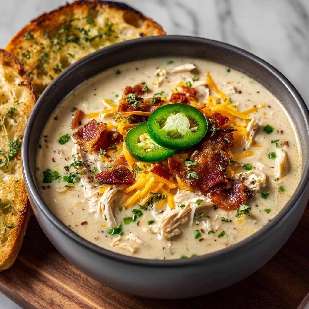 A large white mug filled with creamy soup that has a light beige color with specks of black pepper and green herbs mixed in. On top of the soup, there is a layer of shredded yellow cheese, scattered small pieces of crispy brown bacon, and three green jalapeño slices placed in the center. Fresh green cilantro leaves are sprinkled unevenly around the soup. A golden brown toasted slice of bread rests on the edge of the mug, leaning inward. The mug is set on a surface with a white marbled texture. Photo taken with an iphone --ar 1:1 --v 7 — Spicy Jalapeño Popper Soup, jalapeño popper soup, spicy soup with chicken and cheese, easy jalapeño soup recipe, baked jalapeño appetizer