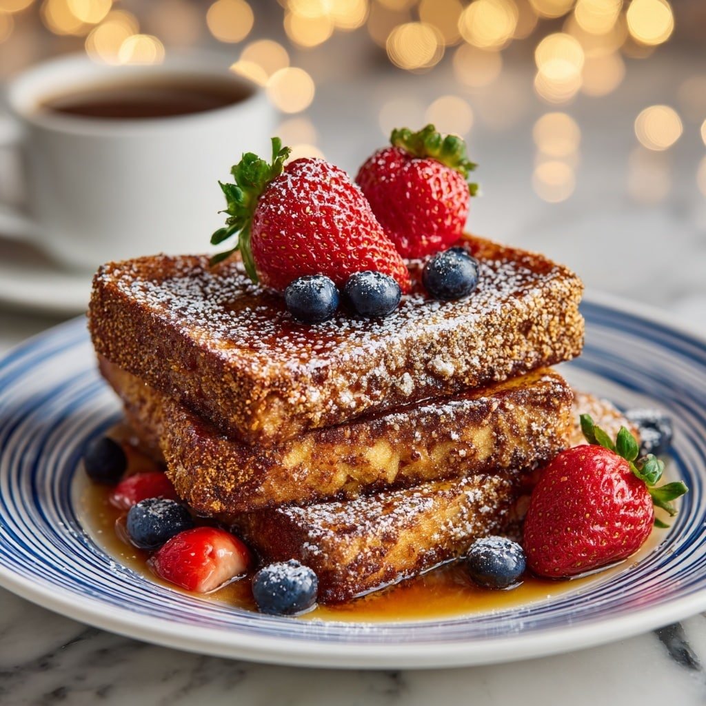 Two thick, square pieces of golden brown French toast with a rough, crispy texture are stacked on a round white plate. The top layer is decorated with fresh red strawberries and dark blue blueberries, some dusted lightly with powdered sugar. A few berries are also scattered on the plate, which is drizzled with amber-colored syrup that pools around the base of the toast. The background shows soft, blurred warm lights and a white cup with dark liquid on a white marbled surface. Photo taken with an iphone --ar 1:1 --v 7 — Disneyland Cornflake-Crusted French Toast, French Toast with Cornflakes, Crispy French Toast Recipe, Breakfast Ideas with Cornflakes, Easy French Toast Breakfast