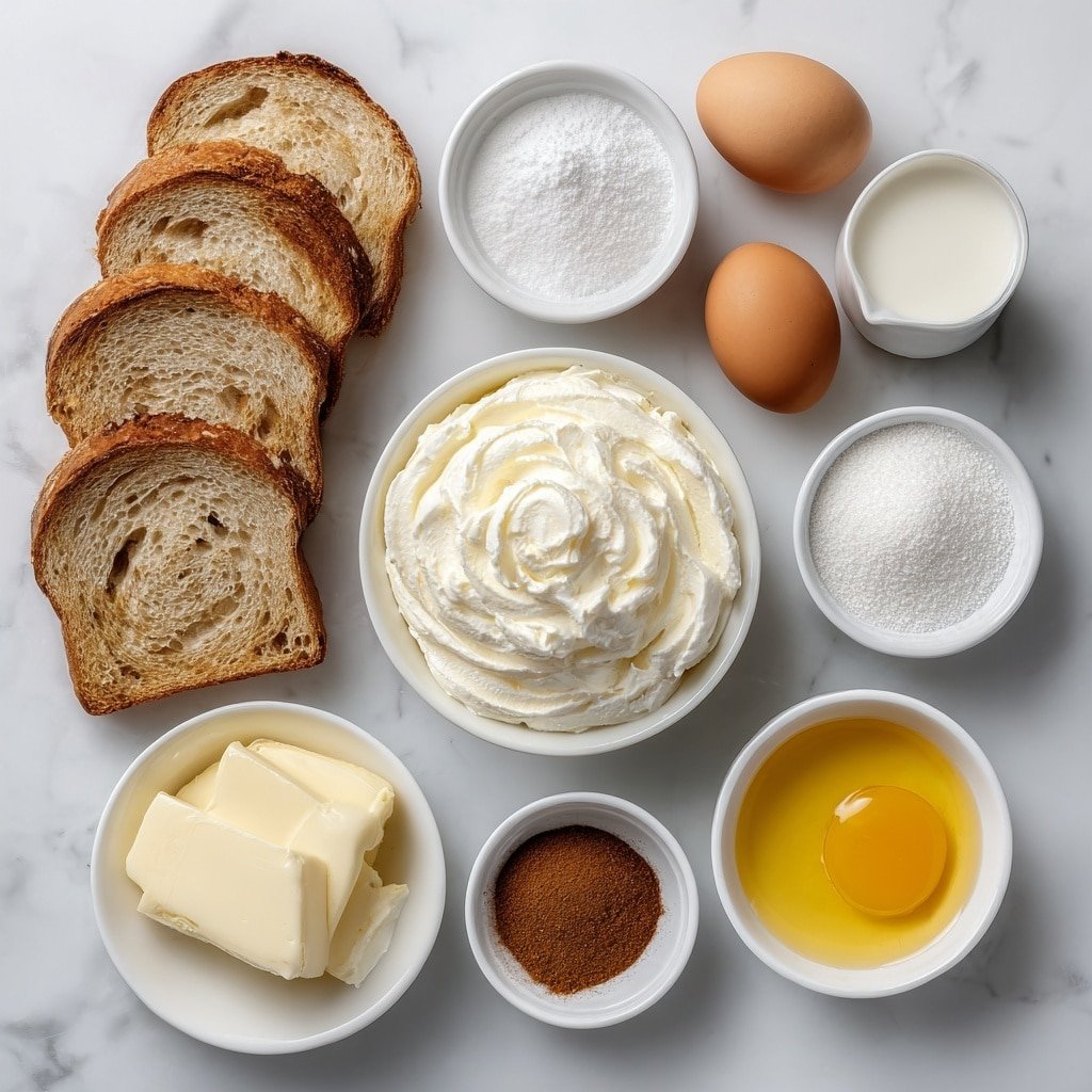 Flat lay of eight slices of rustic white bread, a small mound of softened cream cheese in a simple white bowl, a small white bowl filled with fine powdered sugar, a small white bowl holding ground cinnamon powder, a small white bowl containing granulated sugar crystals, two whole brown eggs with clean shells, a small white bowl of fresh milk, a small white bowl with clear vanilla extract, a small white bowl with golden melted butter, all arranged in perfect symmetry on a clean white marble surface, soft natural light, photo taken with an iPhone, professional food photography style, fresh ingredients, white ceramic bowls, no bottles, no duplicates, no utensils, no packaging --ar 1:1 --v 7 --p m7354639359234015250 — Cinnamon Roll French Toast Roll-Ups, easy cinnamon breakfast ideas, quick breakfast recipes, cinnamon roll-inspired breakfast, indulgent brunch favorites