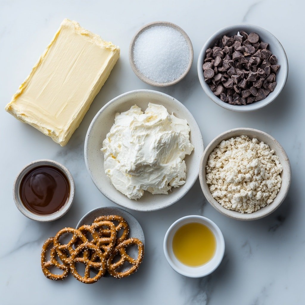 Salted Caramel Pretzel Cheesecake Bites Recipe - Ingredients Image — Salted Caramel Pretzel Cheesecake Bites, salty sweet dessert ideas, no-bake cheesecake treats, caramel pretzel bites, easy cheesecake recipes