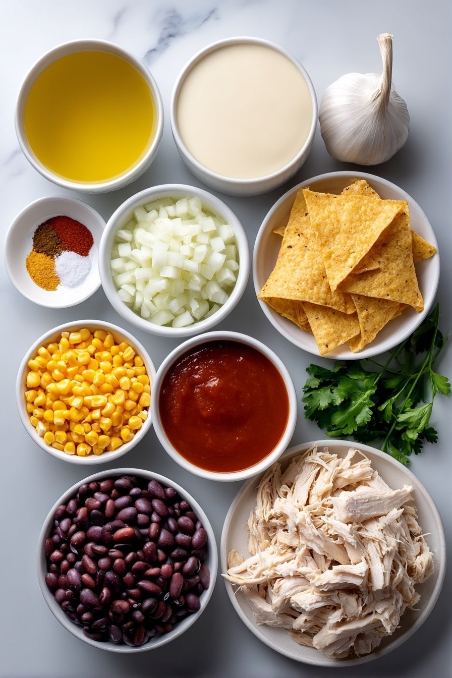 Flat lay of a small white ceramic bowl of golden olive oil, a medium white ceramic bowl filled with diced fresh white onion, three whole white garlic cloves, shredded cooked chicken breast arranged neatly on a simple white ceramic plate, a small white ceramic bowl of light golden chicken broth, a small white ceramic bowl of creamy heavy cream, a small white ceramic bowl piled with bright yellow corn kernels, a small white ceramic bowl of glossy black beans, a small white ceramic bowl filled with rich red enchilada sauce, a small white ceramic bowl containing ground cumin powder, a small white ceramic bowl with chili powder, a small white ceramic bowl of smoked paprika, a small white ceramic bowl of coarse salt crystals, a small white ceramic bowl of cracked black peppercorns, a small white ceramic bowl heaped with shredded cheddar and Mexican blend cheese, a small pile of fresh bright green cilantro leaves, and a small stack of golden tortilla chips on a white ceramic plate, all perfectly arranged with balanced spacing and symmetry, placed on a clean white marble surface, soft natural light, photo taken with an iPhone, professional food photography style, fresh ingredients, white ceramic bowls, no bottles, no duplicates, no utensils, no packaging --ar 2:3 --v 7 --p m7354639359234015250 — Creamy Chicken Enchilada Soup, Chicken Enchilada Soup, Easy Enchilada Soup, Cozy Soup Recipes, Comforting Chicken Soup