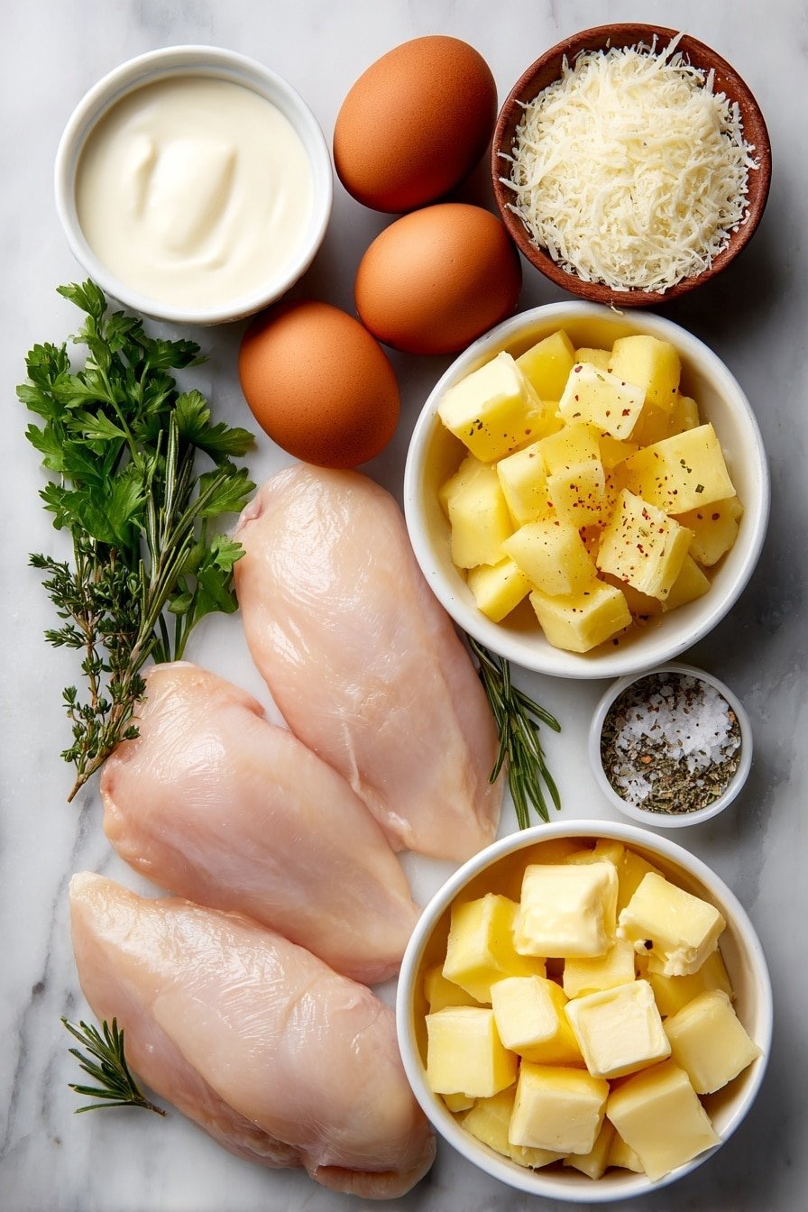 Flat lay of boneless, skinless chicken breasts with clean, pale pink skin, a few whole brown eggs with smooth shells, minced garlic cloves neatly arranged, dried thyme and rosemary sprigs, a small white ceramic bowl of grated Parmesan cheese, a small white bowl filled with heavy cream, a small white bowl holding golden olive oil, a few sprigs of fresh green parsley, peeled cubed Yukon gold potatoes in a simple white ceramic bowl, whole bright orange baby carrots placed next to a small white bowl of golden butter, a small white bowl containing coarse salt crystals, and a small white bowl of smooth brown sugar, all ingredients fresh and natural, arranged with perfect symmetry and balanced proportions on a clean white marble surface, soft natural light, photo taken with an iPhone, professional food photography style, fresh ingredients, white ceramic bowls, no bottles, no duplicates, no utensils, no packaging --ar 2:3 --v 7 --p m7354639359234015250 — Garlic Herb Chicken with Glazed Carrots, Garlic Herb Chicken, Chicken and Glazed Carrots, Comfort Food Recipes, Easy Family Dinner Ideas