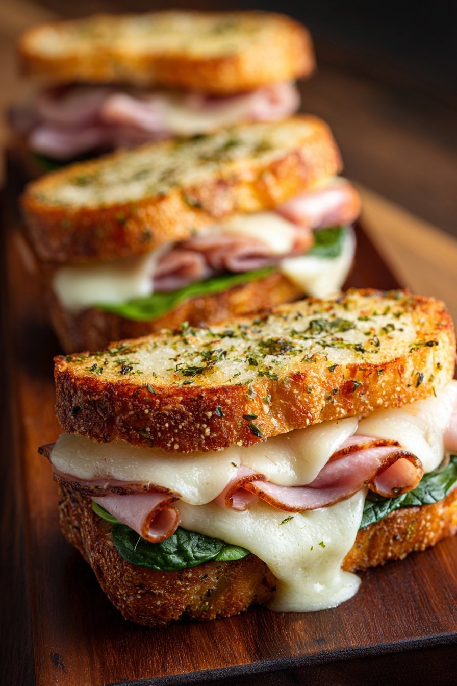 Three toasted sandwiches on a dark wooden board, each sandwich made with a golden-brown, crispy baguette sprinkled with herbs on top. Inside, there are several folded slices of pink ham, melted white cheese that is soft and slightly dripping over the edges, and fresh green spinach leaves peeking out on the front sandwich. The sandwiches are stacked in a line, with the one closest to the camera showing the most detail and the others blurred in the background. Photo taken with an iphone --ar 2:3 --v 7 — Garlic Butter Ham and Cheese Hot Sandwiches, garlic butter sandwiches, ham cheese hot sandwiches, cheesy ham sandwiches, quick lunch hot sandwiches