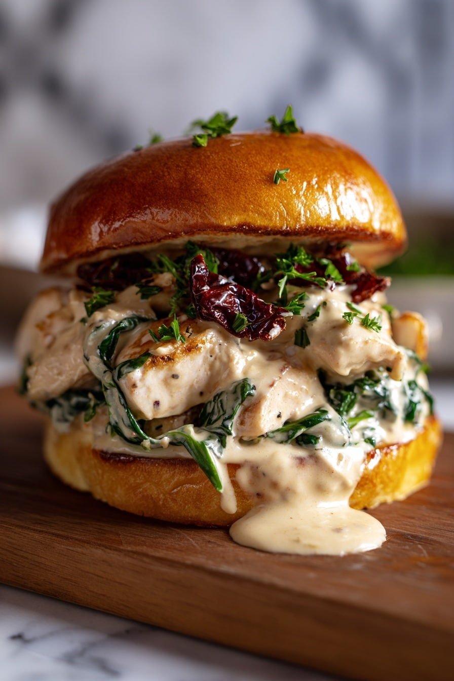 A sandwich with three main visible layers: the bottom layer is a light golden toasted bun with a soft texture, on top of this sits a creamy pale chicken patty mixed with green herbs, a rich melted cheese sauce clinging to the patty’s edges, and the top layer is filled with deep red, slightly wrinkled sun-dried tomatoes. The sandwich is placed on a wooden surface with scattered green leaves around it, and warm steam rises from the top bun, which has a crispy, golden-brown crust. photo taken with an iphone --ar 2:3 --v 7 — Marry Me Chicken Sandwich with Sun-Dried Tomatoes, chicken sandwich recipe with sun-dried tomatoes, creamy chicken sandwich with basil and sun-dried tomatoes, easy gourmet chicken sandwich, comforting chicken sandwich ideas