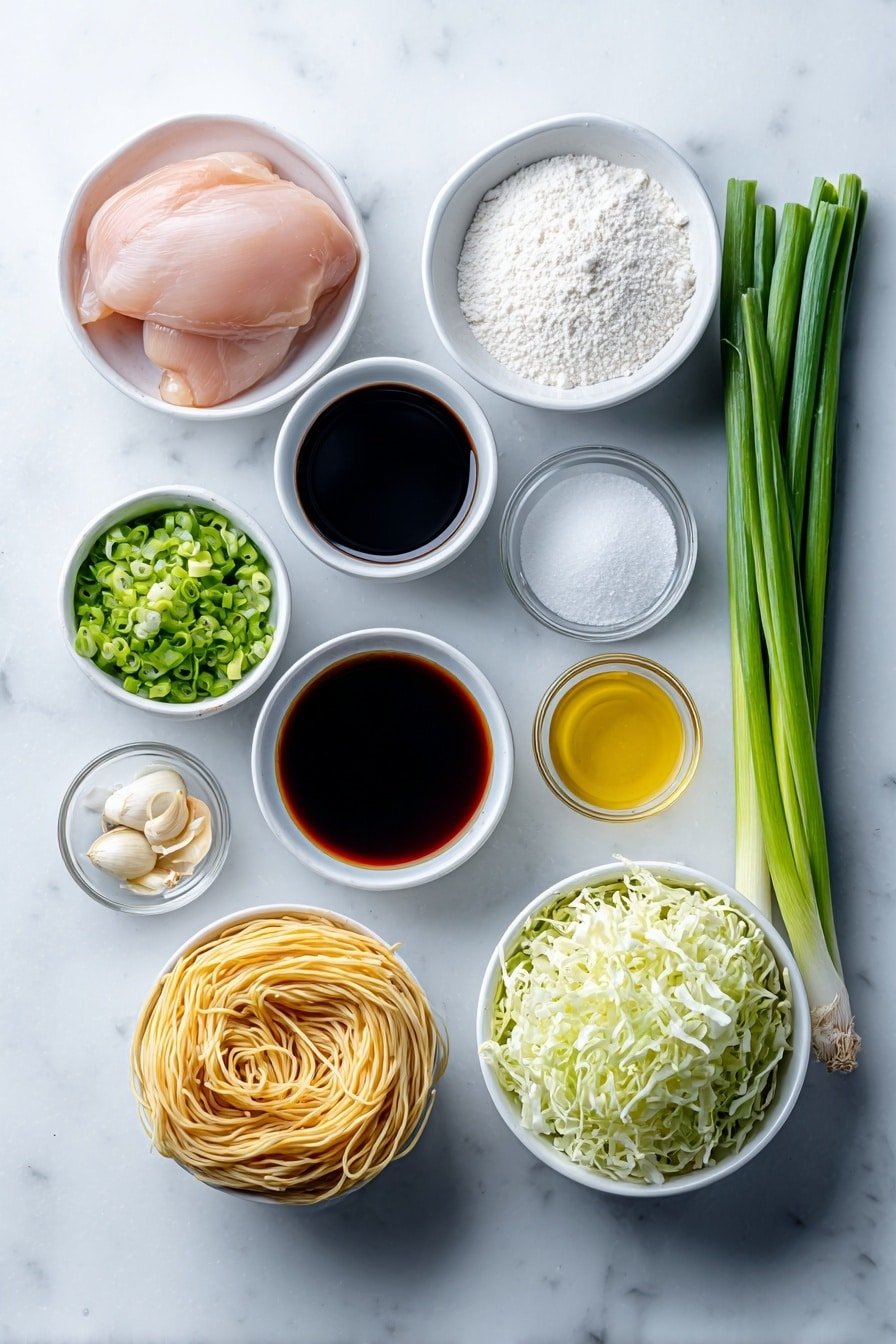 Flat lay of boneless raw chicken breast, small white bowl with Shaoxing wine, small white bowl with cornstarch powder, small white bowl of salt crystals, small white bowl of chicken broth, small white bowl with oyster sauce, small white bowl with soy sauce, small white bowl of granulated sugar, small white bowl of white pepper powder, small white bowl of sesame oil, two whole garlic cloves, a small piece of fresh ginger root, a pile of shredded fresh cabbage, two small julienned fresh carrots, one whole Anaheim pepper, four fresh green onions, a bundle of fresh chow mein noodles coiled neatly, placed on a clean white marble surface, soft natural light, photo taken with an iPhone, professional food photography style, fresh ingredients, white ceramic bowls, no bottles, no duplicates, no utensils, no packaging --ar 2:3 --v 7 --p m7354639359234015250 — Chicken Chow Mein, Chicken Chow Mein stir-fry, easy chicken chow mein, homemade chicken chow mein, Asian Chicken Chow Mein