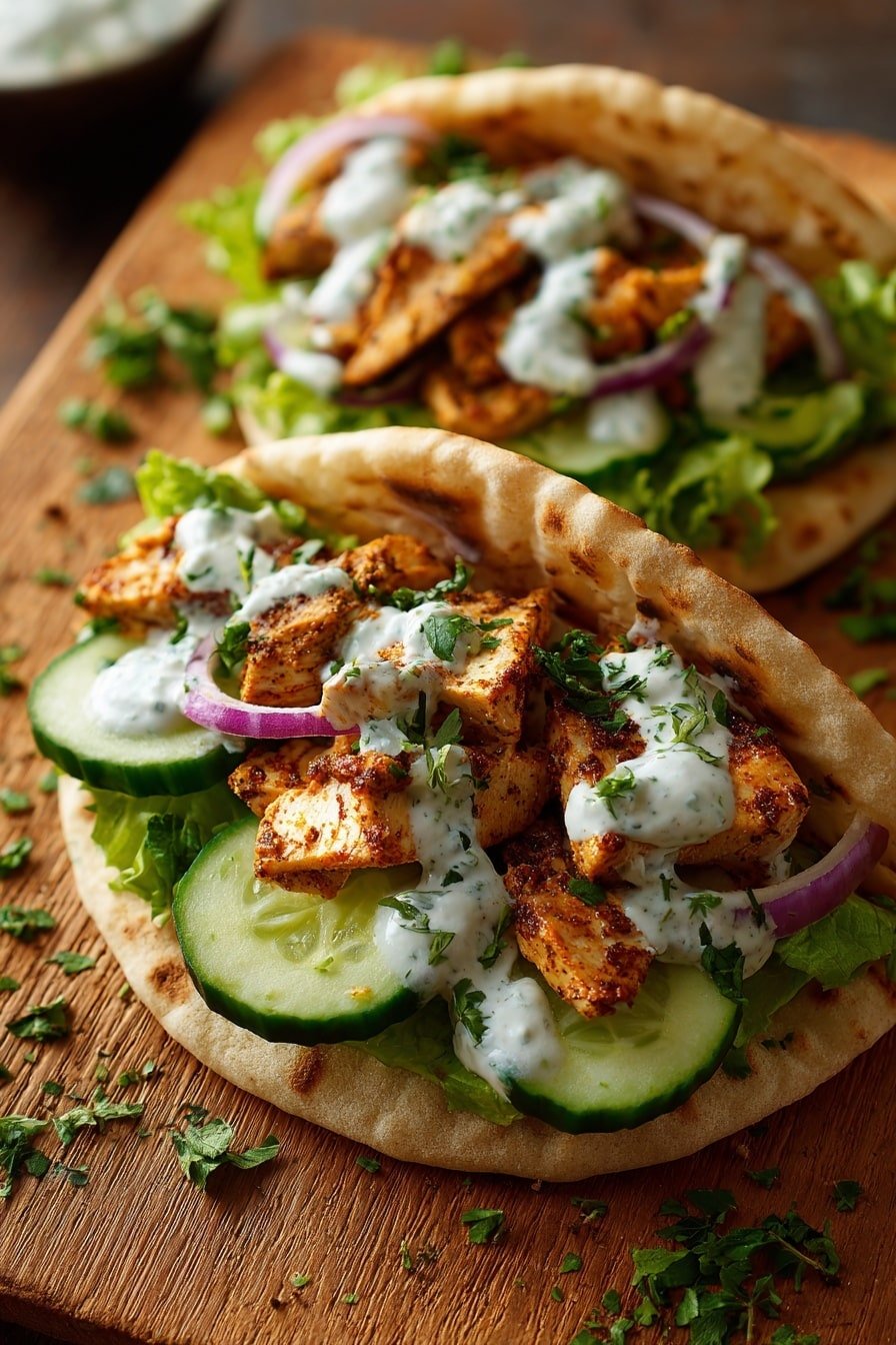 Two pita wraps lie on a wooden board, each filled with layers of grilled golden-brown chicken pieces, fresh green chopped herbs, red tomato chunks, and a drizzle of white yogurt sauce. The pitas themselves are soft with light char marks, folded gently around the filling, showing bits of bright yellow crumbs at the bottom. The background is out of focus, highlighting the textures and colors of the wraps. Photo taken with an iphone --ar 2:3 --v 7 — Sheet Pan Chicken Pitas with Tzatziki, healthy chicken pita ideas, easy Mediterranean dinner, quick chicken pita recipes, homemade tzatziki sauce
