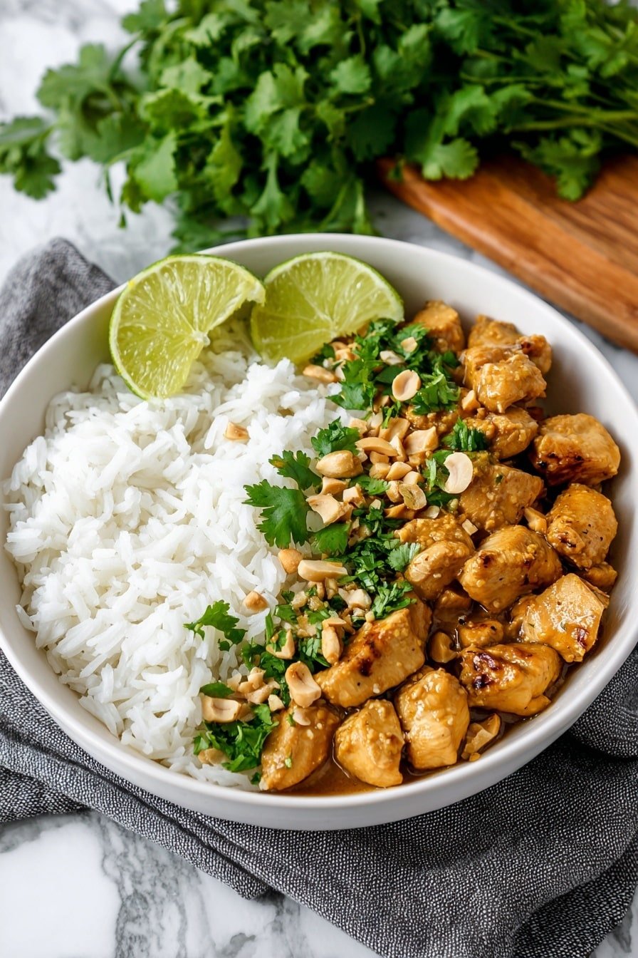 A white bowl filled with two main layers: on one side, a neat serving of fluffy white rice with individual grains visible, and on the other side, bite-sized grilled chicken pieces coated in a thick light brown sauce, showing some charred spots for texture; the chicken is garnished with fresh green cilantro leaves and small chopped peanuts. Two lime slices with bright green skin and a juicy texture rest beside the rice. The bowl sits on a grey textured cloth over a white marbled surface with a bunch of fresh cilantro on a wooden board blurred in the background. photo taken with an iphone --ar 2:3 --v 7 — Thai Peanut Chicken Skewers, Thai Chicken Skewers with Peanut Sauce, Grilled Thai Chicken Skewers, Easy Thai Chicken Skewers, Asian Chicken Skewers Recipe