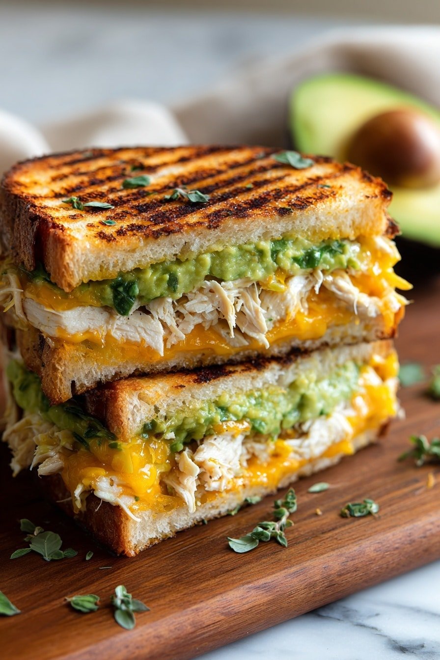 The image shows a close-up of a toasted sandwich cut in half and stacked. The sandwich has two slices of golden brown grilled bread with visible char marks on top, decorated with small green herb leaves. Inside each sandwich half are layers of shredded white chicken, melted orange cheddar cheese, and a thick spread of green guacamole. The sandwich is placed on a wooden board with a few small green herb leaves scattered around. The background features a blurred half avocado and a white marbled surface. photo taken with an iphone --ar 2:3 --v 7 — Chicken Avocado Melt Sandwich, chicken sandwich with avocado, melty chicken and cheese sandwich, easy avocado chicken sandwich, comforting quick lunch ideas