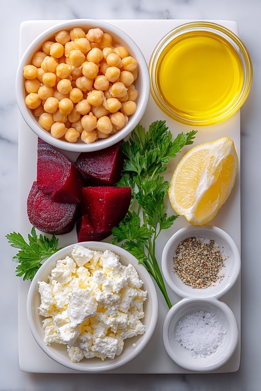 Chickpea Beet Feta Salad with Lemon Dressing Recipe - Ingredients Image — Chickpea Beet Feta Salad with Lemon Dressing, healthy chickpea beet salad, vegetarian beet salad, easy vegan salad recipes, gluten-free veggie salads