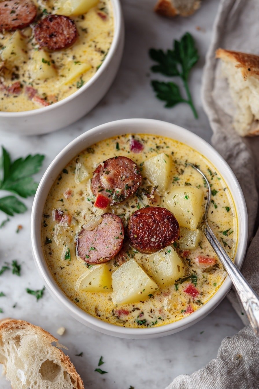 Cajun Sausage Potato Soup Recipe - Article Image 1 — Cajun Sausage Potato Soup, Cajun sausage soup, hearty potato soup, spicy sausage potato chowder, comforting Cajun soup