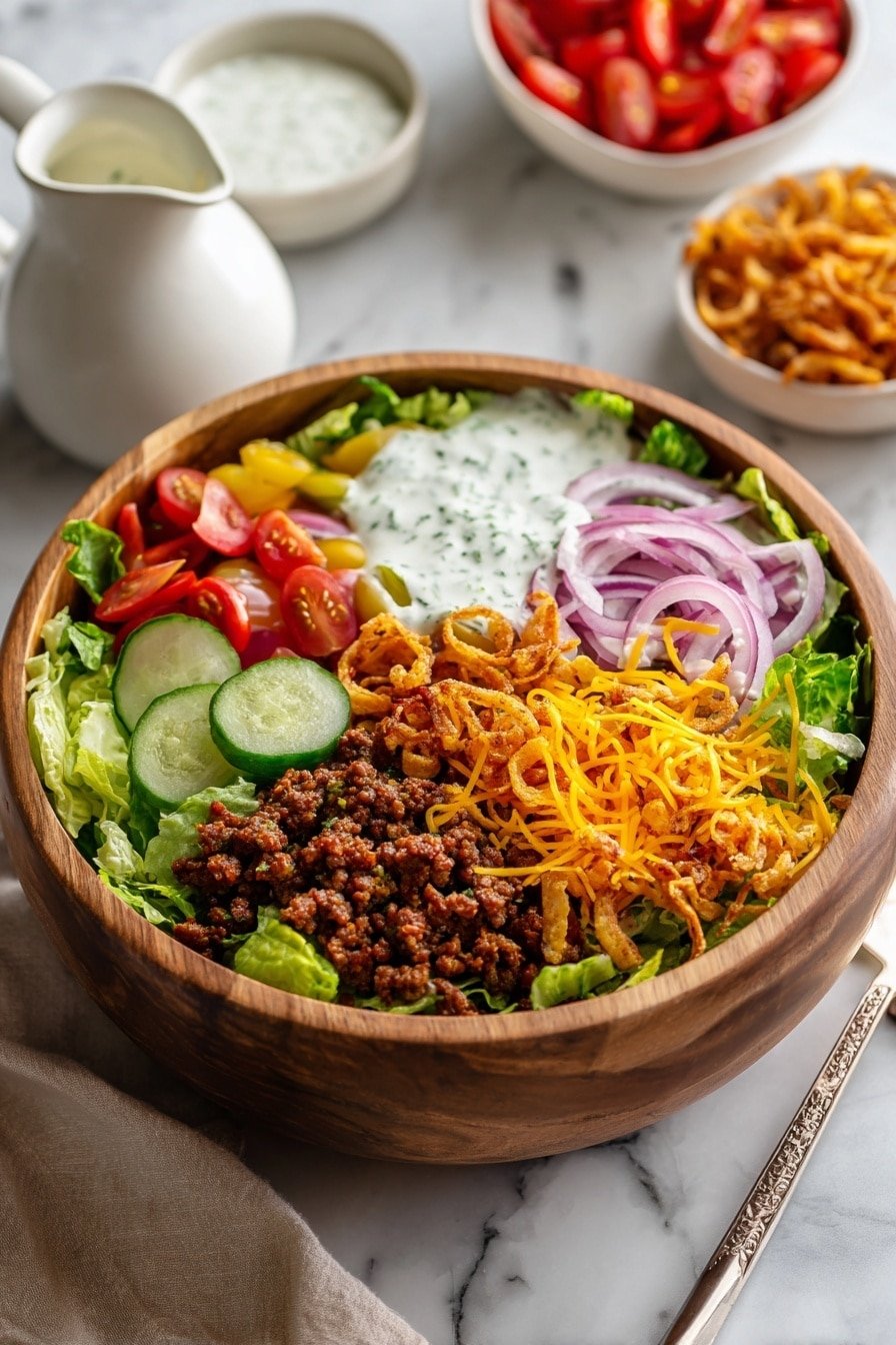 Crispy Rice Cheeseburger Salad Recipe - Article Image 1 — Crispy Rice Cheeseburger Salad, cheeseburger salad, crispy rice salad, savory ground beef salad, easy cheeseburger salad recipe
