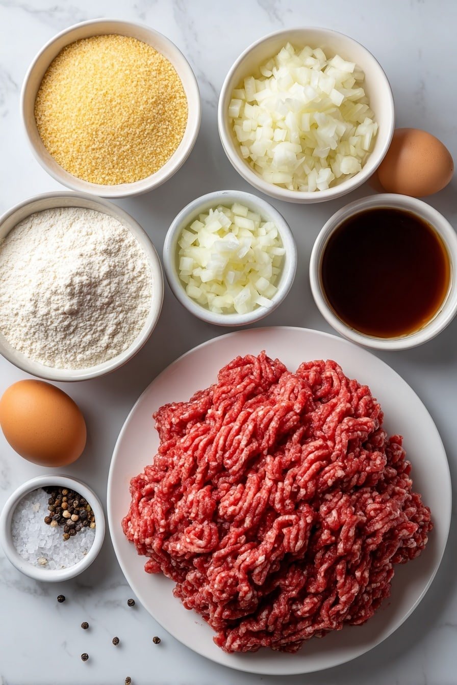 Classic Salisbury Steak with Gravy Recipe - Ingredients Image — Classic Salisbury Steak with Gravy, Salisbury Steak recipe, homemade Salisbury steak, easy Salisbury steak and gravy, comfort food Salisbury steak