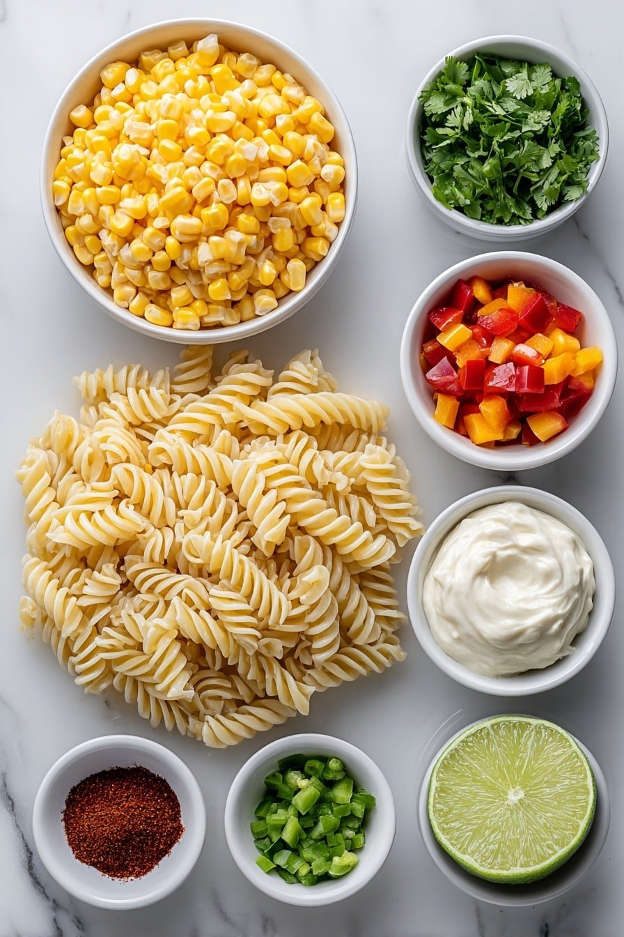 Street Corn Pasta Salad Recipe - Ingredients Image — Street Corn Pasta Salad, easy pasta salad with corn, summer pasta salad recipe, creamy corn pasta dish, cilantro lime pasta salad