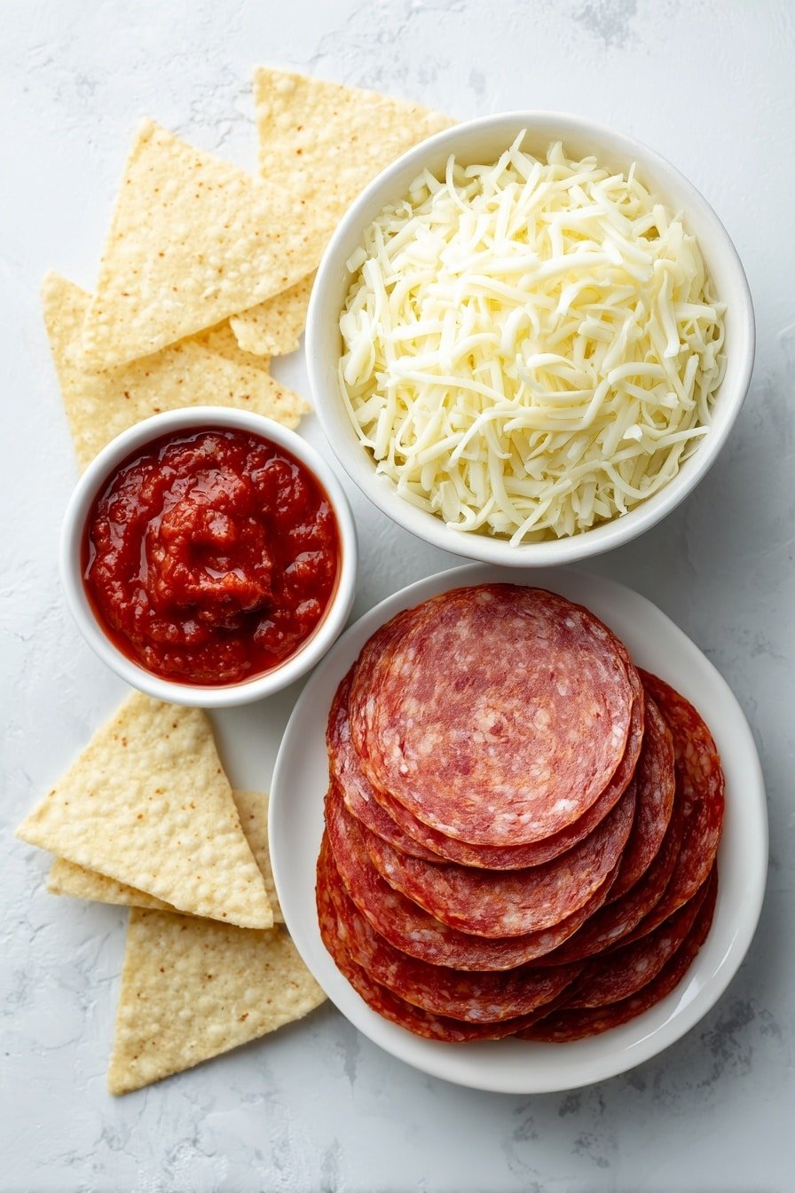 Cheese Pepperoni Pizza Chips Recipe - Ingredients Image — Cheese Pepperoni Pizza Chips, cheesy pizza snack, homemade pizza chips, easy appetizer recipes, crispy pepperoni chips