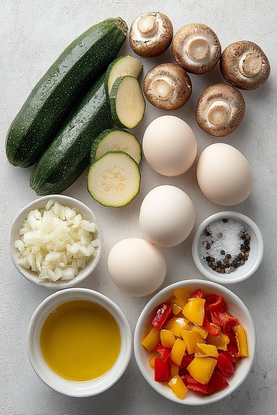 Veggie Zucchini and Mushroom Egg Scramble Recipe - Ingredients Image — Veggie Zucchini and Mushroom Egg Scramble, healthy breakfast ideas, quick veggie breakfast, easy egg scramble recipe, savory veggie breakfast