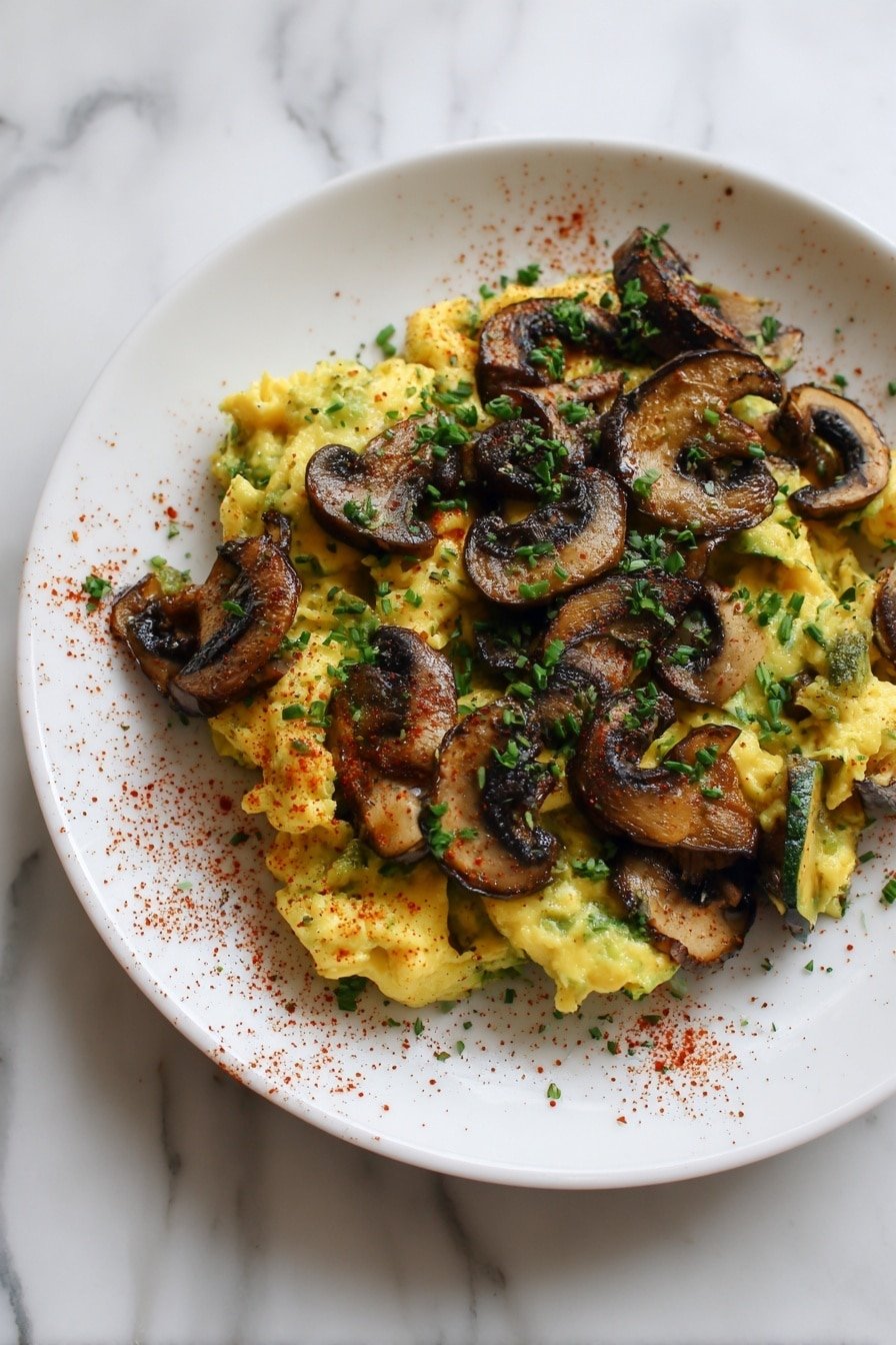 Veggie Zucchini and Mushroom Egg Scramble Recipe - Article Image 1 — Veggie Zucchini and Mushroom Egg Scramble, healthy breakfast ideas, quick veggie breakfast, easy egg scramble recipe, savory veggie breakfast