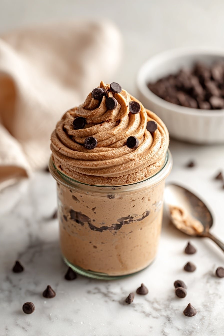 A small clear glass jar filled with two main layers: the bottom layer is a creamy beige mixture with dark chocolate bits, and the top layer is a slightly textured beige cream topped with dark chocolate chips and light oat flakes, with a few chocolate and oat pieces scattered around the jar on a light wooden board, all set on a white marbled surface with another blurred jar and a white bowl of the same mixture in the background, and a vintage silver spoon placed beside the jar; photo taken with an iphone --ar 2:3 --v 7 — Protein Cookie Dough Overnight Oats, healthy overnight oats with cookie dough flavor, easy protein breakfast recipes, nutritious overnight oat ideas, high-protein breakfast ideas