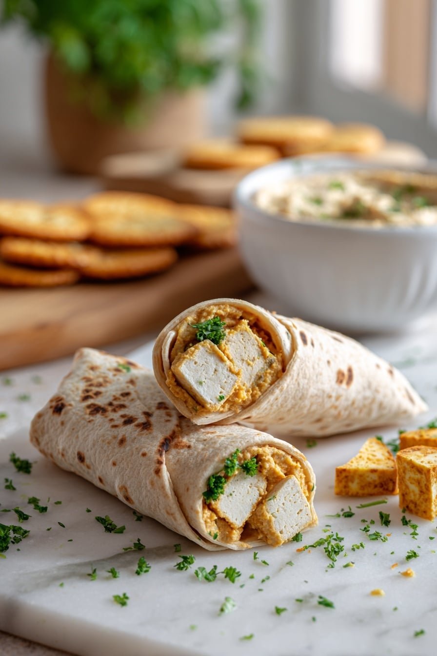 The image shows a close-up of two rolled wraps placed on a white marbled surface. Each wrap has a soft, light brown tortilla with small darker spots, and they are filled with thick white blocks of tofu, light orange hummus, and fresh green chopped parsley visible inside. Around the wraps on the surface, there are scattered bits of parsley, three triangular pieces of tofu with a light yellow seasoning, and some garlic cloves. In the background, there is a white bowl filled with a creamy hummus-like dip and a few round crackers on a wooden board, all against a white marbled surface and blurred natural light. Photo taken with an iphone --ar 2:3 --v 7 — Cheesy Garlic Chicken Wraps, cheesy garlic chicken wraps recipe, garlic chicken wrap ideas, easy chicken wrap recipes, flavorful chicken wraps