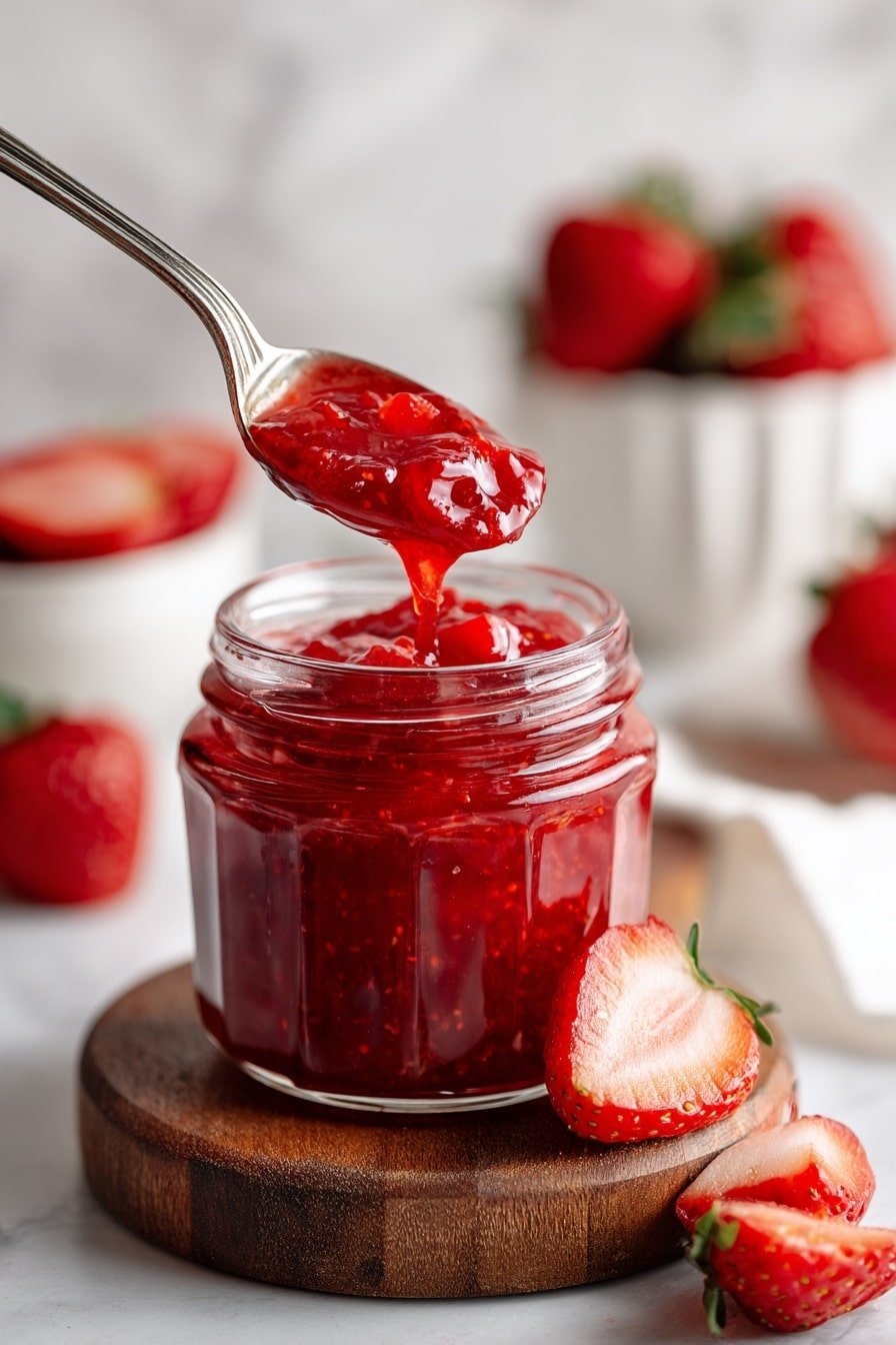 A clear glass jar filled with bright red strawberry jam is placed on a small wooden board, showing thick chunks of strawberries in a shiny red sauce. A silver spoon lifts a spoonful of the jam above the jar, displaying a rich and sticky texture. Around the jar are some fresh strawberries, whole and sliced, on a white marbled surface. In the blurry background, there are white bowls filled with more strawberry jam and fresh strawberries. photo taken with an iphone --ar 2:3 --v 7 — Quick Homemade Strawberry Filling for Cakes, homemade strawberry cake filling, easy strawberry filling recipe, fruit filling for cakes, strawberry dessert topping