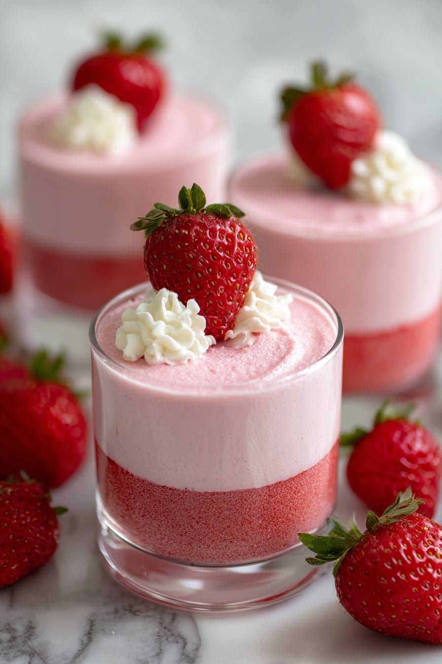 The image shows three clear glass cups filled with a soft pink mousse dessert. Each cup has two layers: a bottom layer of red strawberry jelly and a thick top layer of smooth pink mousse. On top of each mousse layer, there is a small dollop of white whipped cream and a whole fresh strawberry with green leaves. The cups are placed on a white marbled surface, with a white bowl filled with strawberries blurred in the background. A woman's hand is gently holding the cup in the front. photo taken with an iphone --ar 2:3 --v 7 — Strawberry Mousse Cream Cheese, strawberry mousse dessert, easy strawberry mousse recipe, creamy strawberry mousse, fruit-based mousse dessert