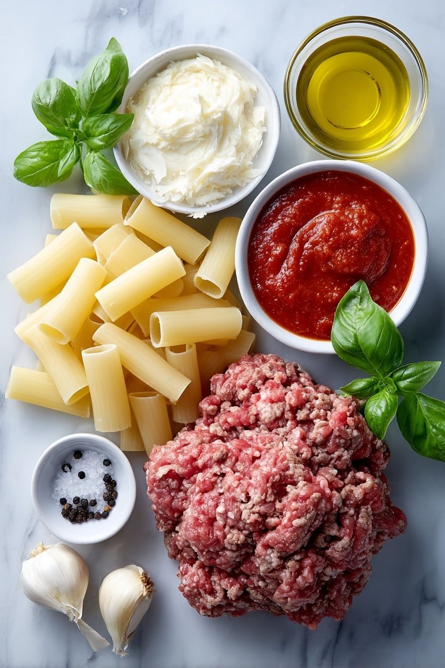 Flat lay of fresh ground beef in a small mound, a pile of uncooked rigatoni pasta tubes, one small yellow onion whole and unpeeled, three garlic cloves whole with papery skins intact, a small white ceramic bowl filled with vibrant red marinara sauce, a small white ceramic bowl holding thick heavy cream, a small white ceramic bowl with finely grated Parmesan cheese, a small white ceramic bowl containing golden olive oil, a small bunch of fresh green basil leaves, coarse salt crystals and whole black peppercorns scattered neatly, all arranged symmetrically and balanced on a clean white marble surface, soft natural light, photo taken with an iPhone, professional food photography style, fresh ingredients, white ceramic bowls, no bottles, no duplicates, no utensils, no packaging --ar 2:3 --v 7 --p m7354639359234015250 — Creamy Beef Pasta, Creamy Beef Pasta Recipe, hearty pasta dinner, comfort food recipe, quick and easy pasta dish