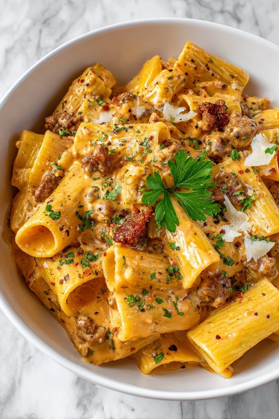 The image shows a close-up of a white bowl filled with pasta covered in a creamy sauce. The pasta pieces are thick and tube-shaped, yellow-orange in color, and mixed with small chunks of browned meat scattered across the dish. The creamy sauce is smooth with a light orange tint, coating the pasta evenly. There are small bits of fresh green herbs sprinkled on top, along with black pepper flakes. A few pieces of melted white cheese are also visible on the surface, especially near the center, where a small green parsley leaf is placed as garnish. The bowl is set on a white marbled surface. Photo taken with an iphone --ar 2:3 --v 7 — Creamy Beef Pasta, Creamy Beef Pasta Recipe, hearty pasta dinner, comfort food recipe, quick and easy pasta dish