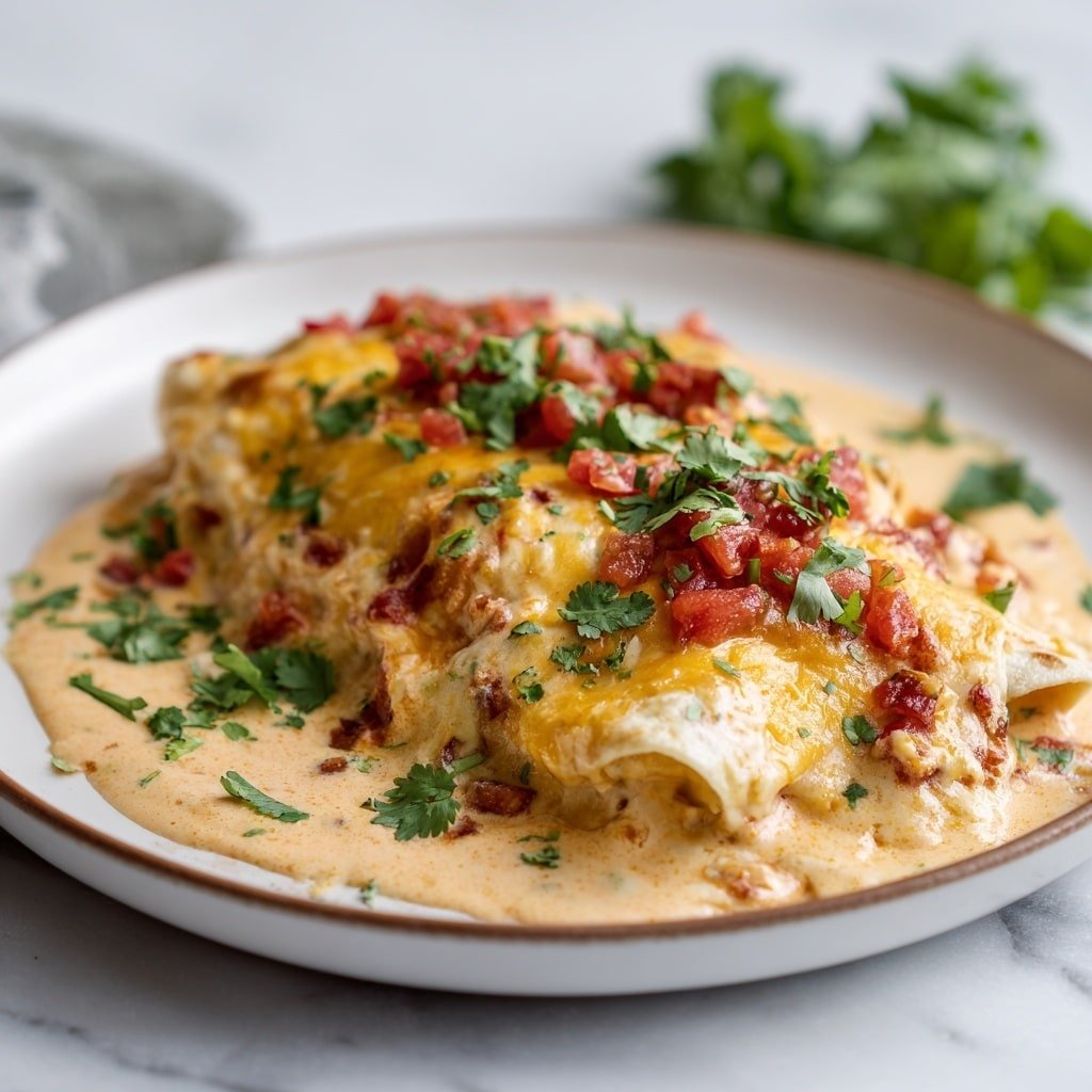 The dish is a two-layer casserole served on a white plate with a thin brown rim, placed on a white marbled surface. The bottom layer is a warm, creamy sauce with a pale orange color and smooth texture that spreads slightly beyond the edges of the top layer. The second layer is a folded tortilla covered with melted yellow and orange cheese, dotted with small pieces of red tomatoes and green herbs. Fresh green cilantro leaves are scattered on top and around the edges of the dish, adding a fresh touch and color contrast. Photo taken with an iphone --ar 1:1 --v 7 — Jalapeño Chicken Enchiladas with Cheese, cheesy enchiladas with jalapeños, spicy chicken enchiladas, easy chicken enchiladas recipe, cheesy baked enchiladas