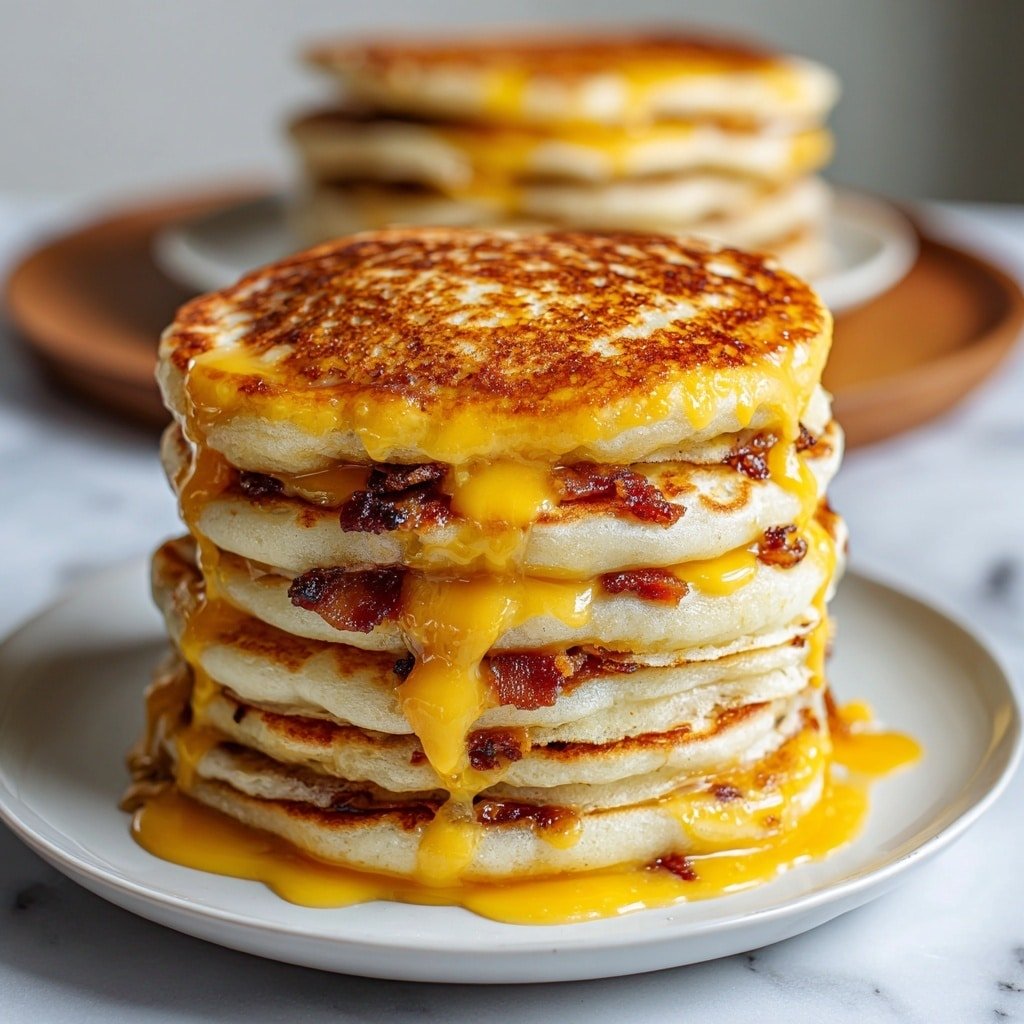 A tall stack of six golden brown pancakes with a slightly crisp texture on the top and bottom layers, each layer separated by melted bright yellow cheese and dark brown crispy bacon. The cheese is dripping down the sides in thick, smooth streams, adding a creamy contrast to the savory bacon inside. The pancakes are arranged neatly on a white plate, with a soft white marbled surface beneath, highlighting the warm tones of the food. In the blurred background, another similar stack is visible on a wooden plate. photo taken with an iphone --ar 1:1 --v 7 — Homemade McGriddle with Sausage, homemade breakfast sandwich, how to make McGriddle at home, fluffy sausage pancakes, sweet and savory breakfast