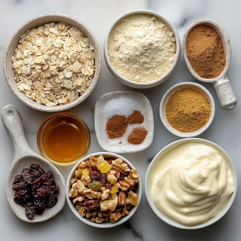 Flat lay of a small pile of rolled oats, a small white ceramic bowl filled with creamy milk, a scoop of fine vanilla protein powder, a small white bowl with dark glossy molasses, tiny heaps of warm golden ground ginger, rich cinnamon powder, and ground nutmeg arranged in neat small white bowls, a small pinch of coarse salt in a white ceramic dish, a drizzle of amber maple syrup in a small white bowl, a dollop of thick creamy Greek yogurt on a white ceramic plate, and a small white bowl holding a colorful mix of chopped nuts and dried fruit, all placed symmetrically on a clean white marble surface, soft natural light, photo taken with an iPhone, professional food photography style, fresh ingredients, white ceramic bowls, no bottles, no duplicates, no utensils, no packaging --ar 1:1 --v 7 --p m7354639359234015250 — Gingerbread Protein Overnight Oats, healthy gingerbread oats, festive breakfast ideas, protein oats with ginger and cinnamon, overnight oats with molasses