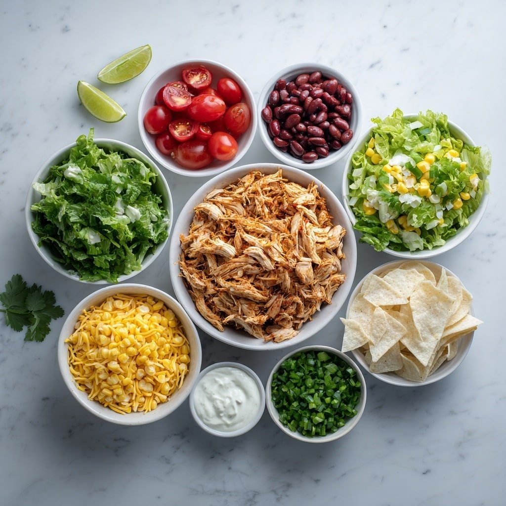 Flat lay of shredded cooked chicken breast, chopped romaine lettuce strips, halved cherry tomatoes, a small white bowl of sweet corn kernels, thinly sliced red onion, finely chopped green onions, a small white bowl of rinsed black beans, shredded cheddar cheese, a small bunch of fresh cilantro leaves, half a fresh lime, a small white bowl of ranch dressing mixed with taco seasoning, and a small white bowl of tortilla strips, arranged symmetrically on a clean white marble surface, soft natural light, photo taken with an iPhone, professional food photography style, fresh ingredients, white ceramic bowls, no bottles, no duplicates, no utensils, no packaging --ar 1:1 --v 7 --p m7354639359234015250 — Tex Mex Chicken Salad, Tex Mex Chicken Salad recipe, Southwest chicken salad, easy chicken salad recipes, healthy Tex Mex salad