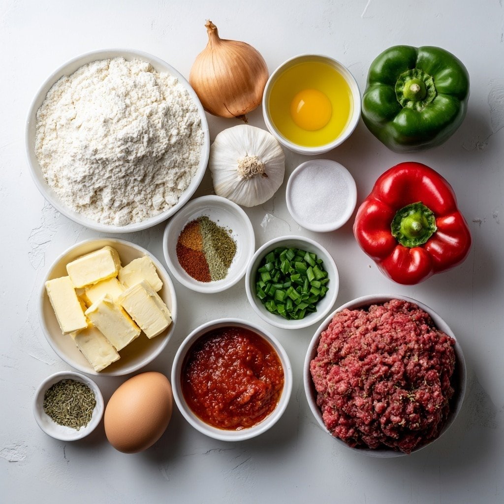 Flat lay of a small pile of all-purpose flour, a medium bowl with cubed unsalted butter, a small white bowl of coarse salt, a small white bowl of boiling water, three small yellow onions whole and unpeeled, half of a red bell pepper cut in half showing seeds, half of a green bell pepper cut in half showing seeds, one whole garlic bulb with a few cloves separated, a small white bowl of vegetable oil, one whole uncracked brown egg, a small white bowl of bright red tomato puree, a handful of fresh green onions with green tops only, a small white bowl of sweet paprika powder, a small white bowl of dried oregano leaves, a small white bowl of dried parsley flakes, one small white bowl of granulated sugar, a small white bowl of freshly ground black pepper, and a portion of fresh ground beef loosely shaped forming natural texture; all arranged symmetrically with perfect proportions, placed on a clean white marble surface, soft natural light, photo taken with an iPhone, professional food photography style, fresh ingredients, white ceramic bowls, no bottles, no duplicates, no utensils, no packaging --ar 1:1 --v 7 --p m7354639359234015250 — Argentine Beef Empanadas, savory empanadas recipe, traditional Argentine empanadas, homemade empanadas, crispy beef empanadas