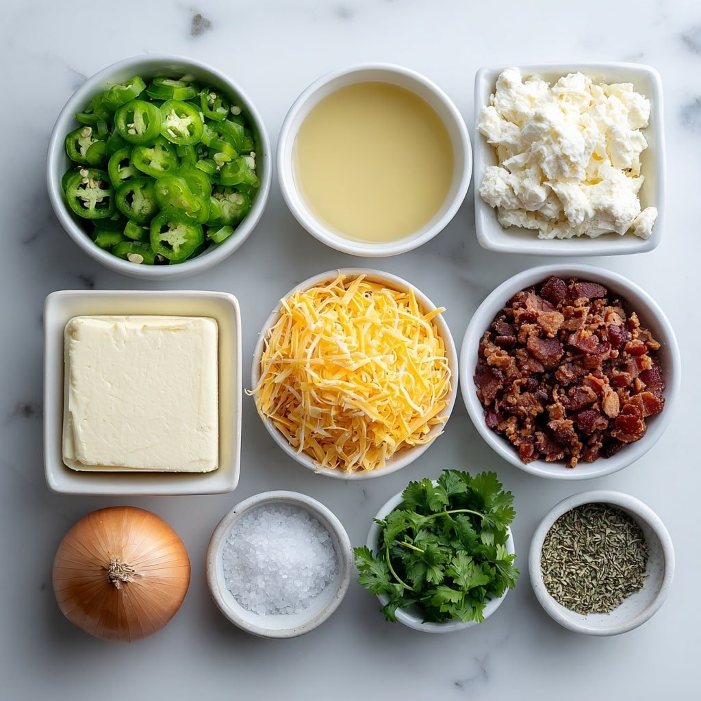 Flat lay of diced fresh green jalapeños, a whole uncracked brown onion, two whole garlic cloves, shredded cooked chicken breast, a small white bowl of golden chicken broth, a small white bowl of thick heavy cream, a chunk of softened cream cheese, a small white bowl of shredded bright orange cheddar cheese, a small white bowl of crispy cooked bacon crumbles, fresh green cilantro sprigs, a small white bowl of coarse sea salt, a small white bowl of ground black pepper, a small white bowl of dried oregano leaves, all arranged in perfect symmetry on a clean white ceramic surface, placed on a clean white marble surface, soft natural light, photo taken with an iPhone, professional food photography style, fresh ingredients, white ceramic bowls, no bottles, no duplicates, no utensils, no packaging --ar 1:1 --v 7 --p m7354639359234015250 — Spicy Jalapeño Popper Soup, jalapeño popper soup, spicy soup with chicken and cheese, easy jalapeño soup recipe, baked jalapeño appetizer