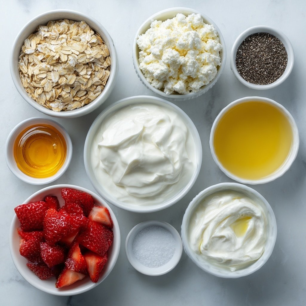 Flat lay of a small white ceramic bowl of rolled oats, a small white ceramic bowl of plain Greek yogurt, a small white ceramic bowl with a dollop of softened cream cheese, a small white ceramic bowl holding light beige vanilla protein powder, a small white ceramic bowl of golden honey, a small white ceramic bowl of chia seeds, a small white ceramic bowl of pale creamy milk, a few whole fresh red strawberries, a small white ceramic bowl of vanilla extract, and two whole brown eggs arranged in perfect symmetry, placed on a clean white marble surface, soft natural light, photo taken with an iPhone, professional food photography style, fresh ingredients, white ceramic bowls, no bottles, no duplicates, no utensils, no packaging --ar 1:1 --v 7 --p m7354639359234015250 — Protein Strawberry Overnight Oats, healthy overnight oats with strawberries, easy high-protein breakfast, creamy strawberry oats, quick overnight oats recipe