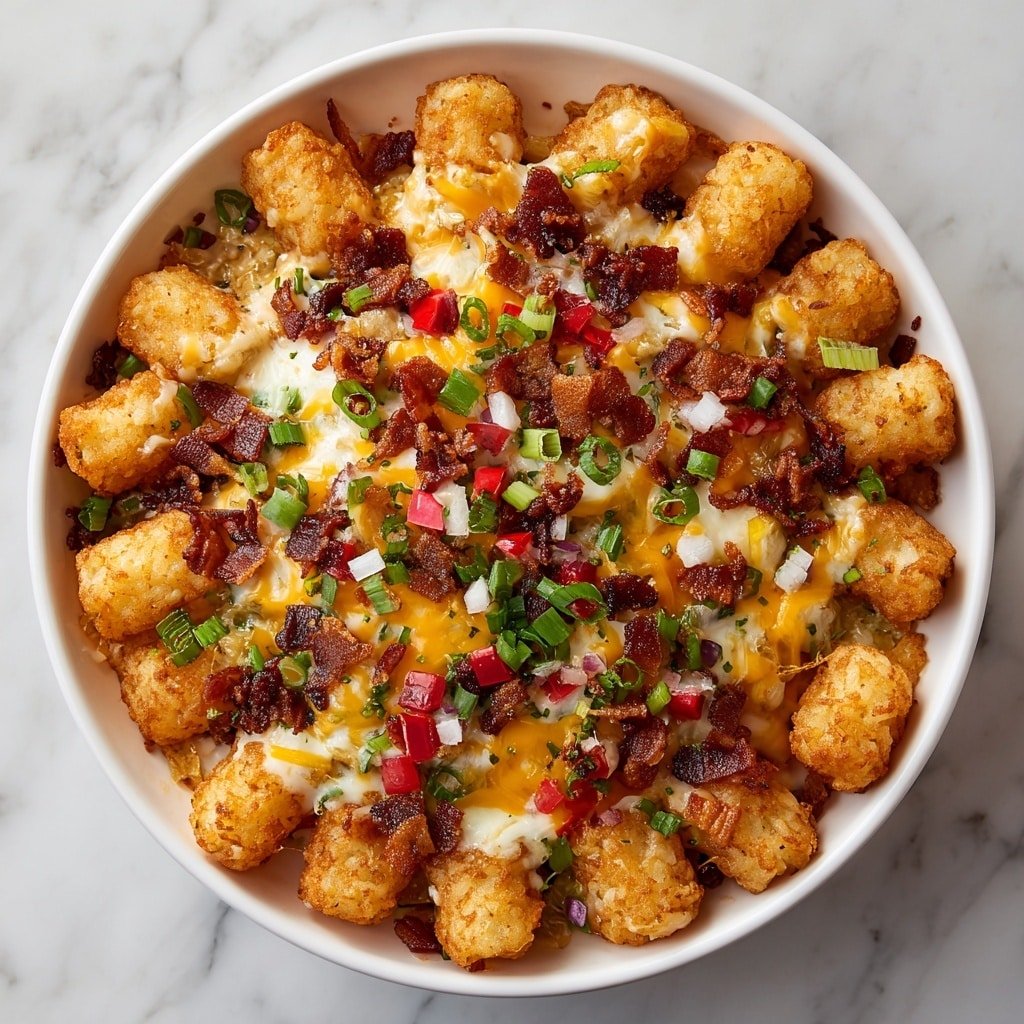 A white bowl filled with a layer of crispy golden tater tots around the edge, followed by a layer of browned crispy bacon pieces beneath a creamy cheesy sauce with melted yellow and white cheese swirled together in the center. On top, there are bright green chopped scallions and small red bell pepper pieces scattered evenly, with a sprinkle of green herbs adding extra color. The bowl sits on a white marbled surface. photo taken with an iphone --ar 1:1 --v 7 — Tater Tot Breakfast Bowl, hearty breakfast recipes, easy breakfast ideas, breakfast with tater tots, savory breakfast bowls